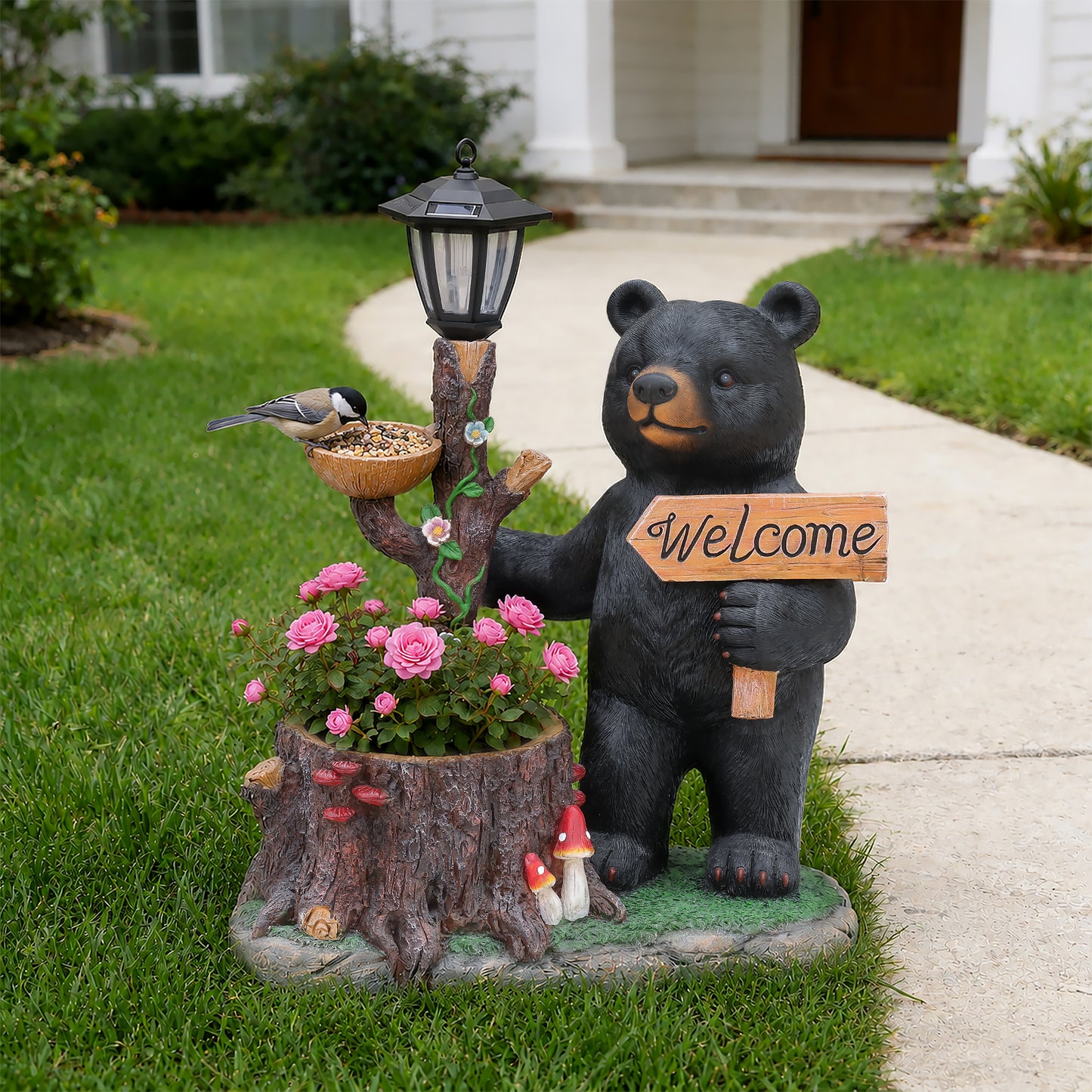 Decorative Standing Black Bear Garden Planter with Solar-Powered Lantern - Polyresin Bear Figurine and Flower Pot for Outdoor Lawn & Yard Decor