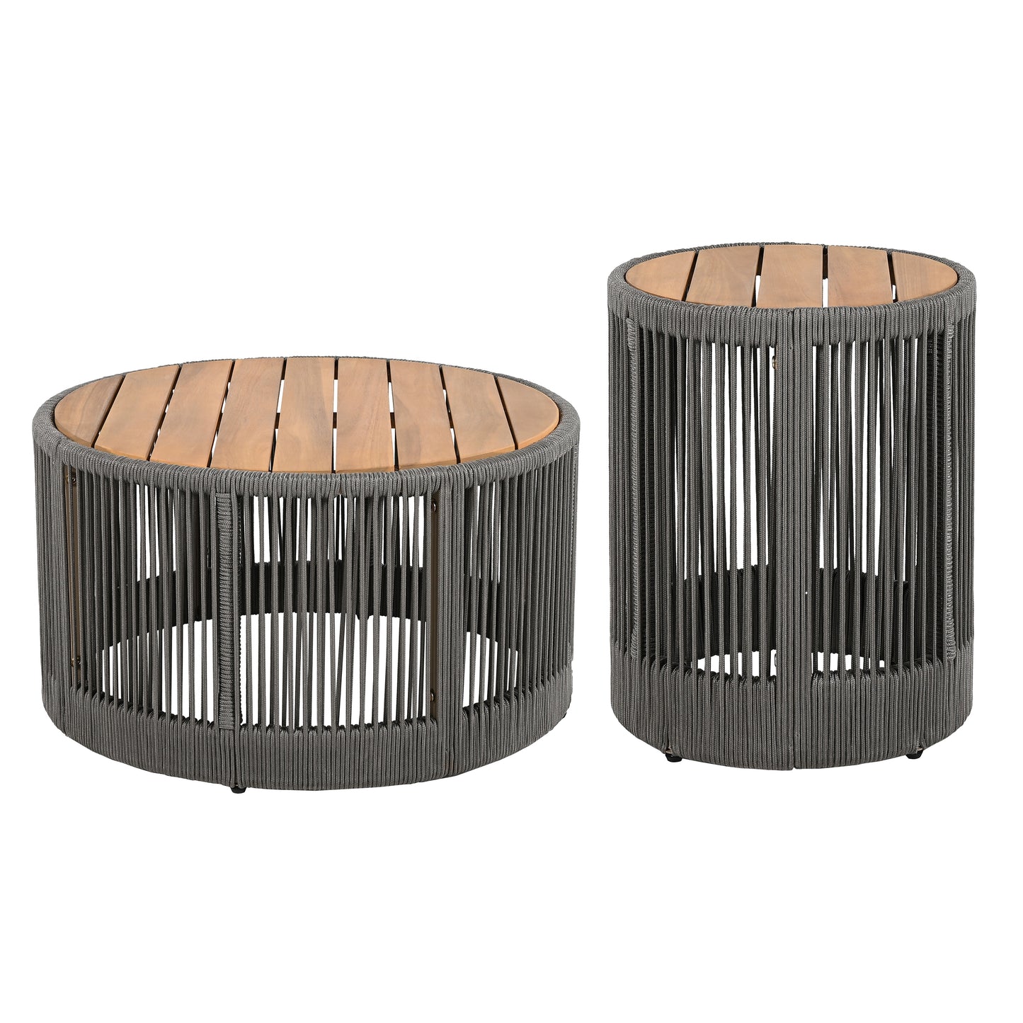 Rustic Industrial Table Set,Coffee Table & Side Table with Woven Rope Design, Modern Functionality Stylish Table Set for Living Room and Home Decor-Rope Grey