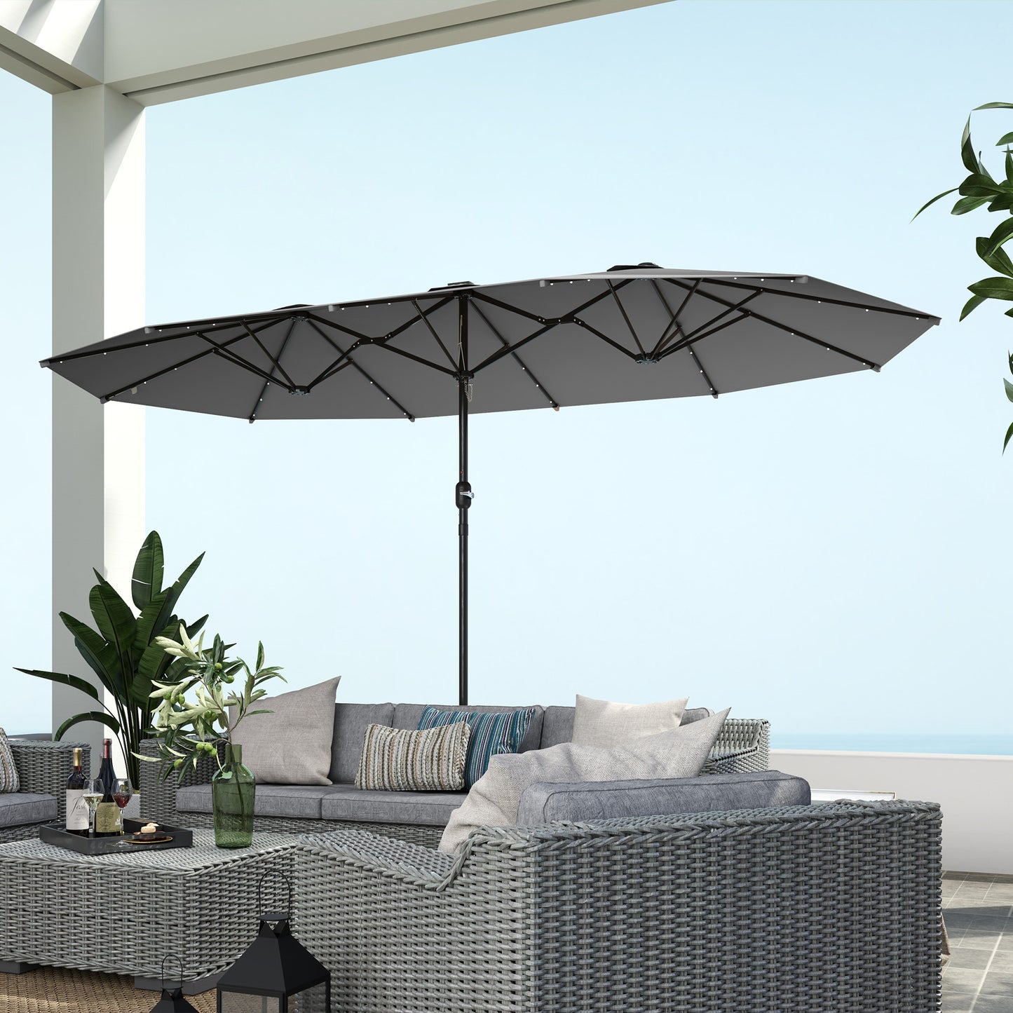 Outsunny Double-Sided Sun Umbrella, Outdoor Garden Parasol, Patio Sun Shade with LED Solar Light, Sand Base, Gray