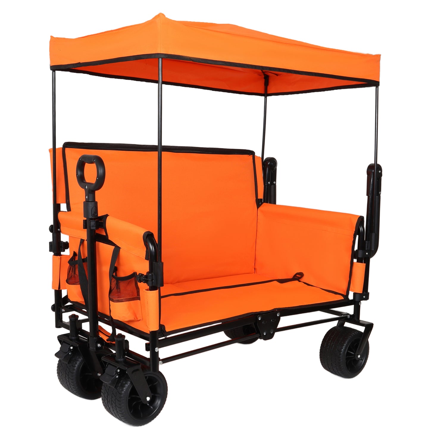 3-in-1 Folding Wagon Cart with Bench Seat & Canopy & Storage, 500lbs Heavy-Duty, 180L Capacity, All-Terrain Wagon for Camping, Beach, Sports, & Garden, Orange