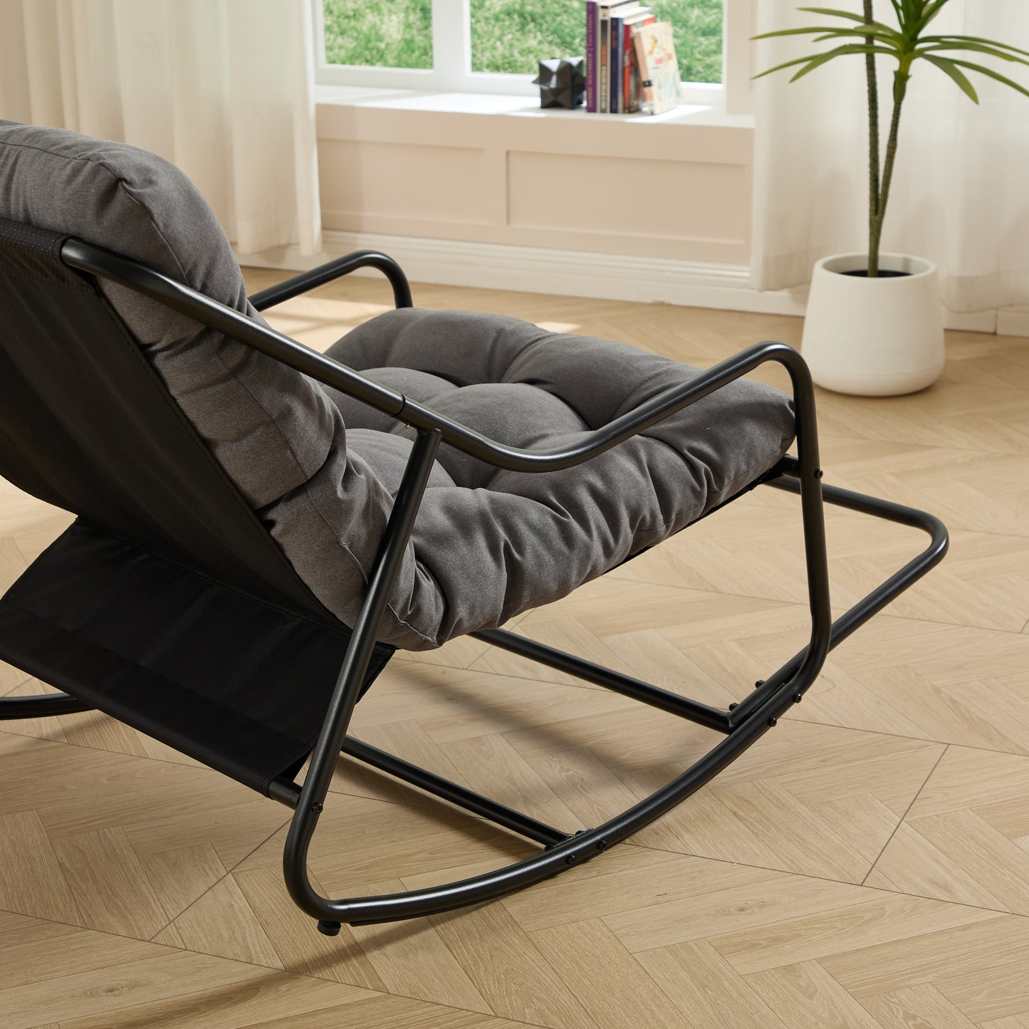 Outdoor Rocking Chair, Comfy Cushion, with Soft Thick Cushion,for Living Room, Bedroom, Reading Room, Black Frame with Grey Cushion