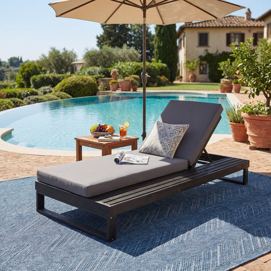 Black Acacia Wood Chaise Lounge with 4-Inch Dark Grey 2-Fold  Cushion Set, 4-Position Adjustable Outdoor Patio Lounger with Flat Side Surface, for Poolside- Matching cream version available