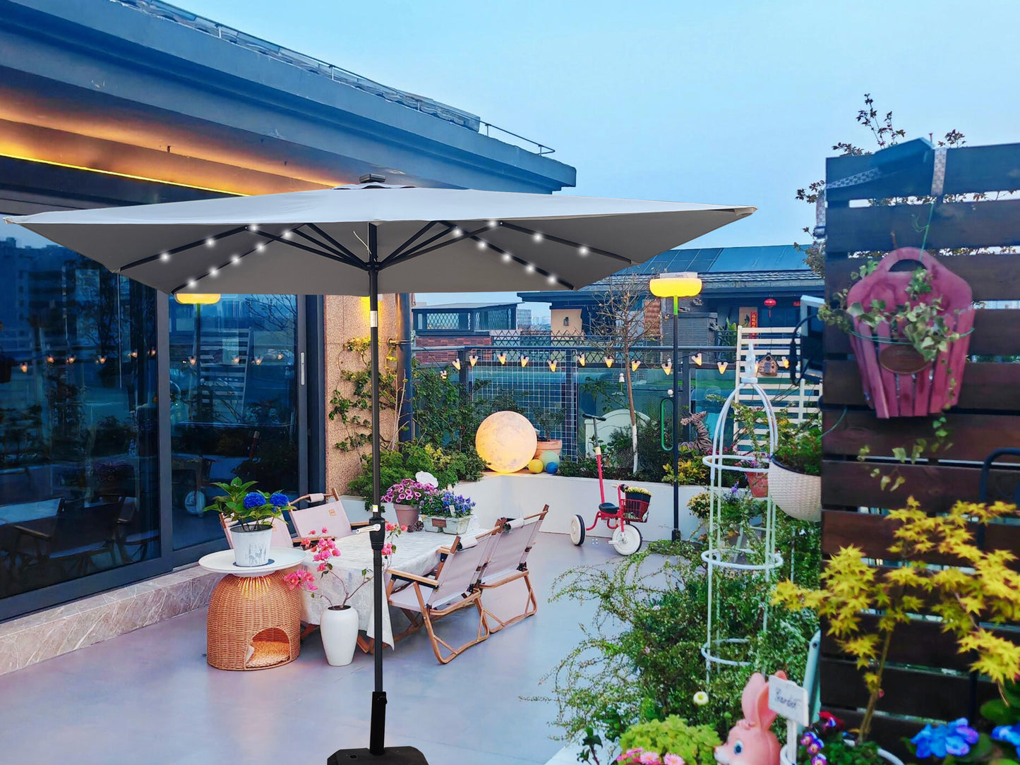Square 2.5X2.5M Outdoor Patio Umbrella Solar Powered LED Lighted Sun Shade Market Waterproof 8 Ribs Umbrella with Crank and Cross Base for Garden Deck Backyard Pool Shade Outside Deck Swimming Pool