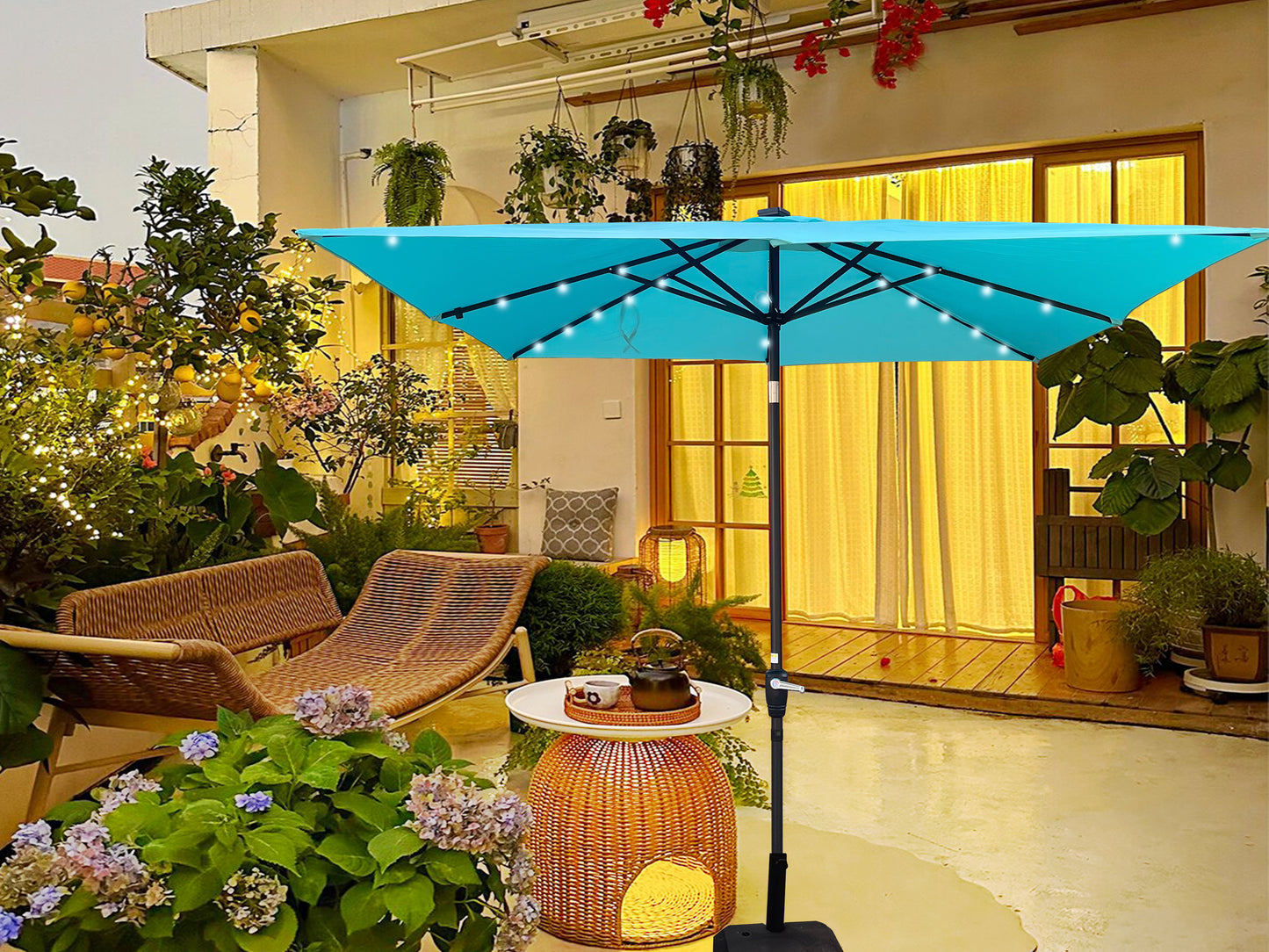 Square 2.5X2.5M Outdoor Patio Umbrella Solar Powered LED Lighted Sun Shade Market Waterproof 8 Ribs Umbrella with Crank and Cross Base for Garden Deck Backyard Pool Shade Outside Deck Swimming Pool