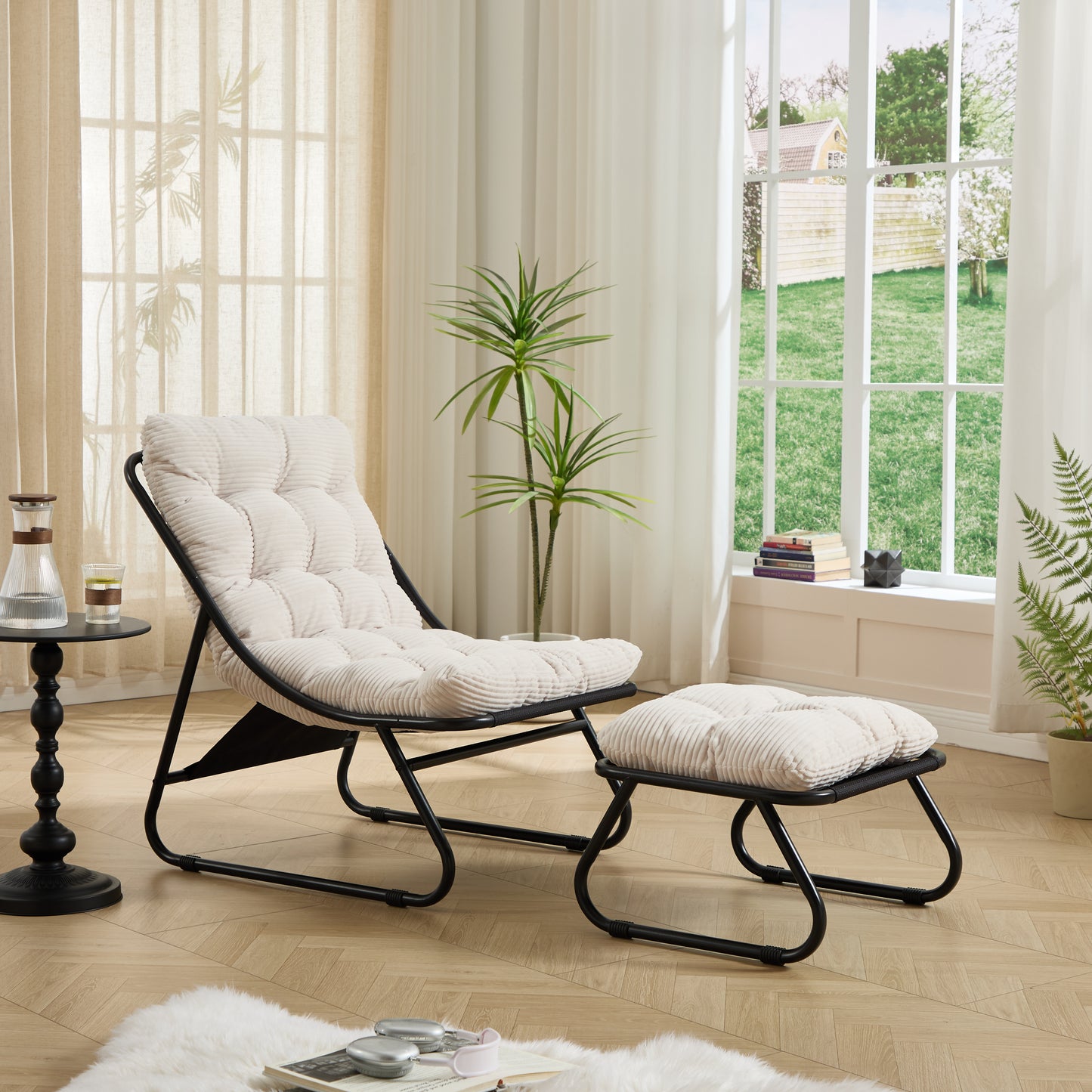 Patio Outdoor Lounge Chair with Ottoman, Comfy Sling Recliner Chair with Puffy Cushion and Foot Stool, Ideal for Living Room, Bedroom, Reading Room, Black frame with white cushion