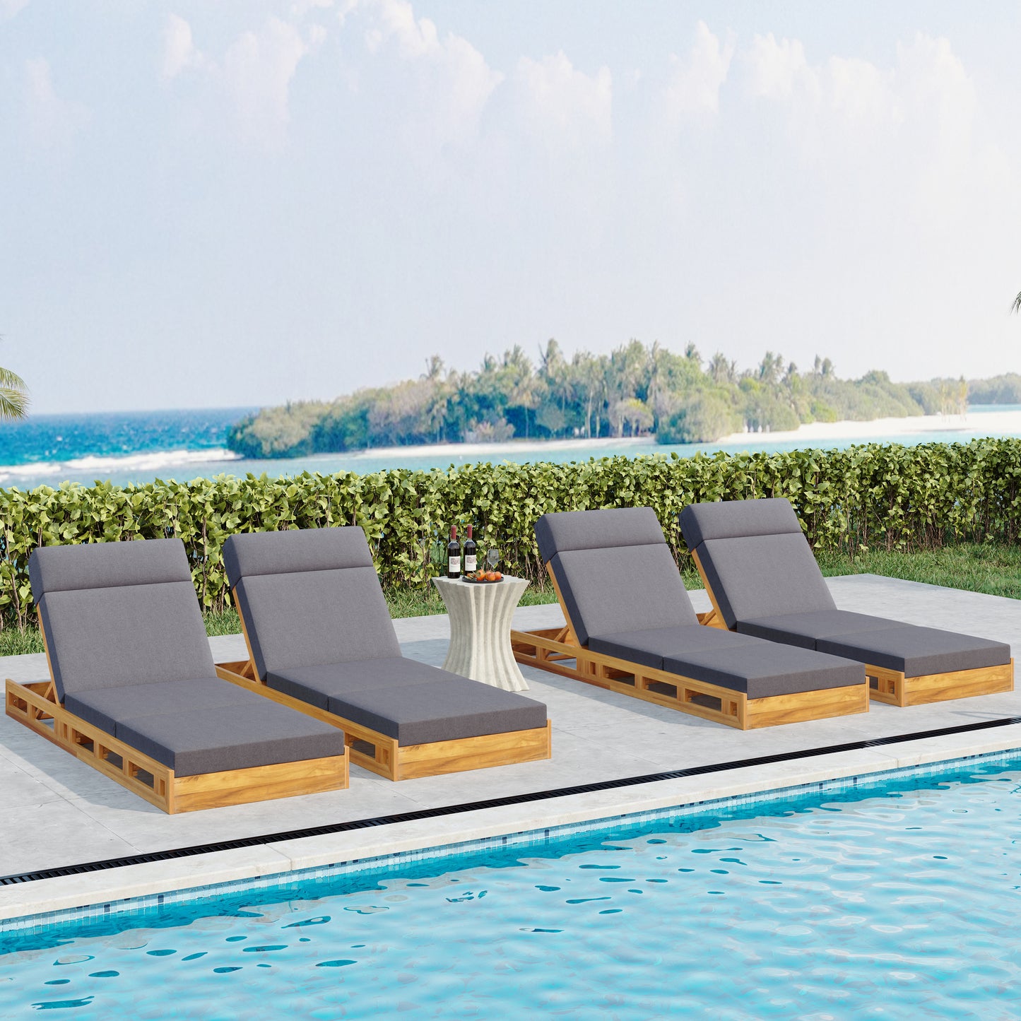 LOUNGE CHAISE SET WITH HEADREST, ACACIA WOOD WITH WATER-RESISTANT LOUNGE CUSHIONS (DARK GREY & 3-FOLD & 4 inch) - MATCHING CREAM/BEIGE VERSION AVAILABLE