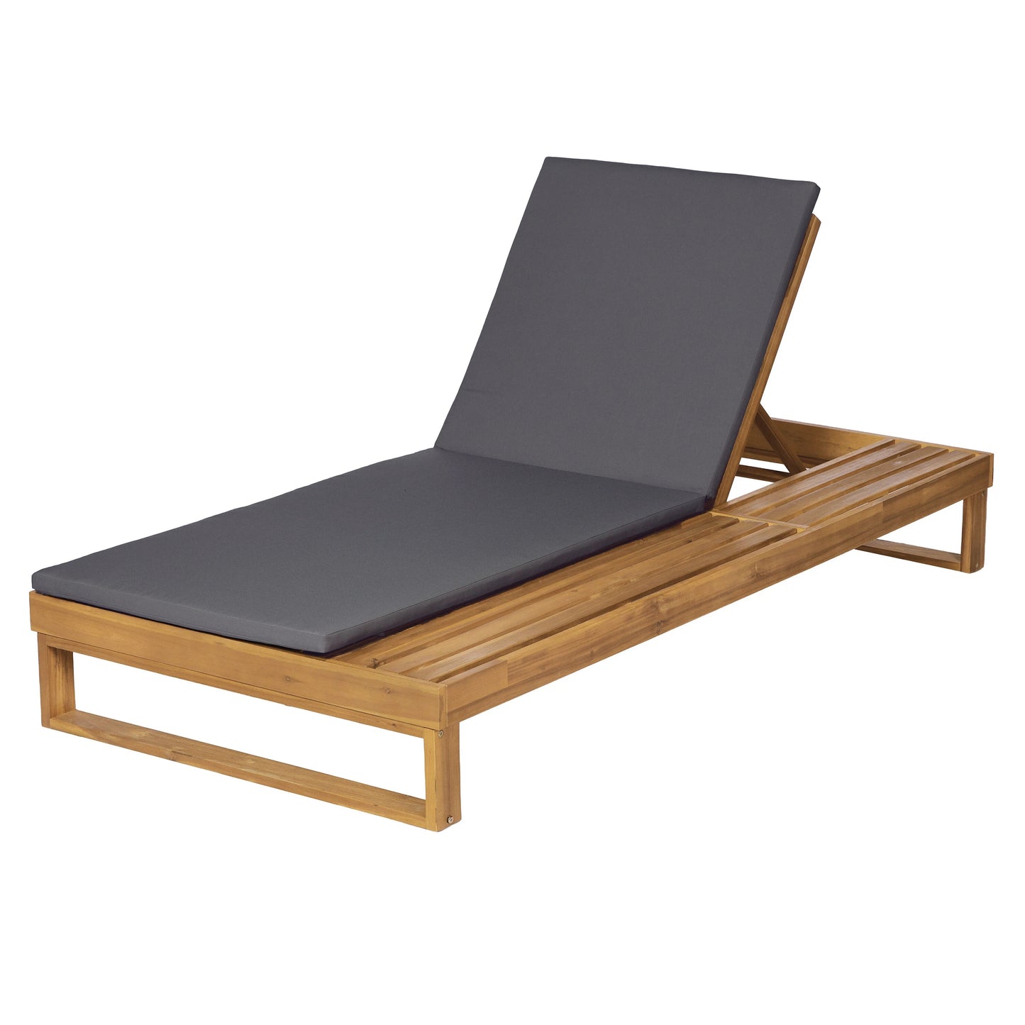 Teak Finish Acacia Wood Chaise Lounge with 1.57-Inch Dark Gray 2-Fold Cushion Set, 4-Position Adjustable with Flat Side Surface, for Poolside - Matching cream,leaf coconut version available