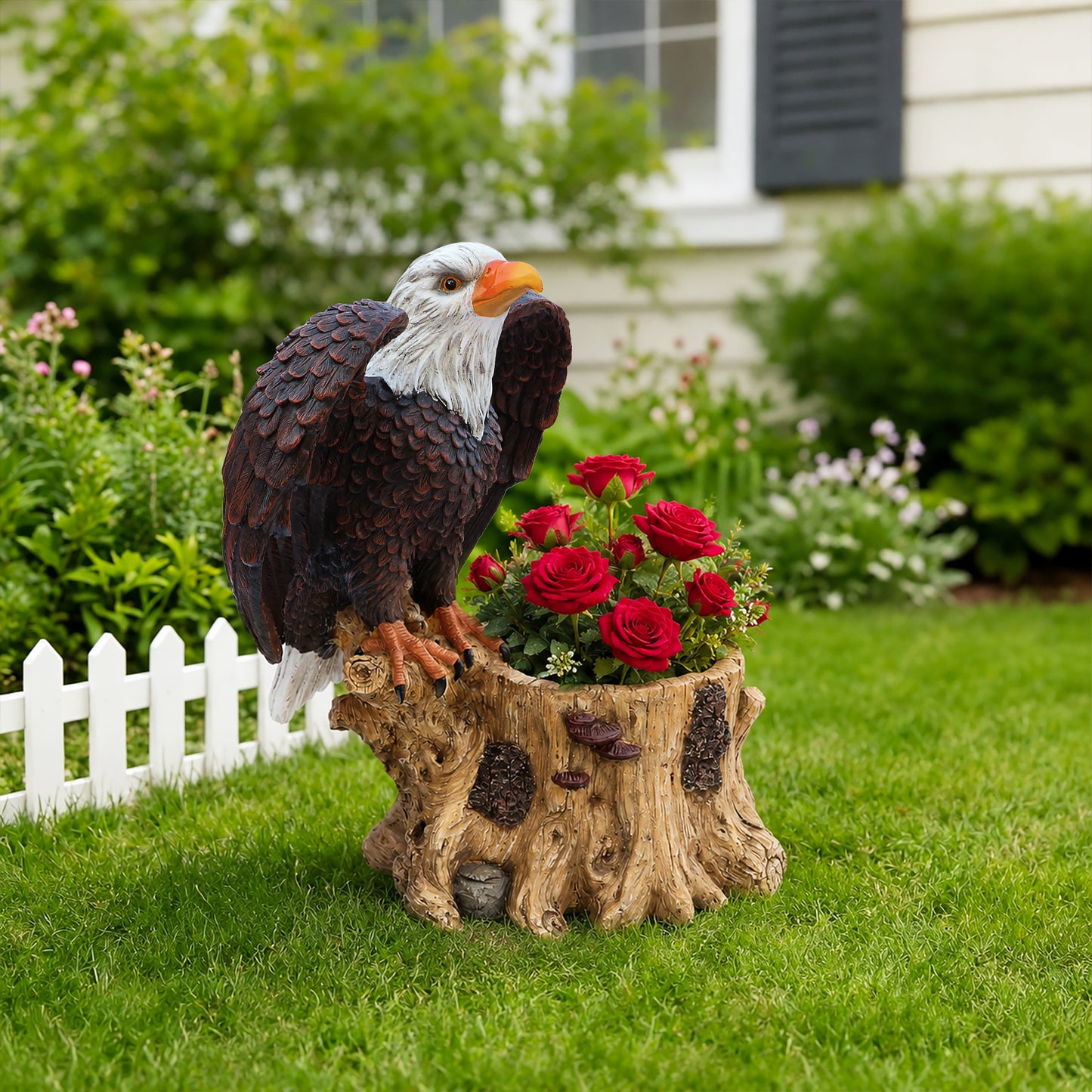 Majestic Eagle with Spread Wings Garden Planter Pot on Tree Stump Base - Durable Polyresin Decorative Flower Pot for Outdoor Patio & Lawn - Unique Wildlife Decor Gift