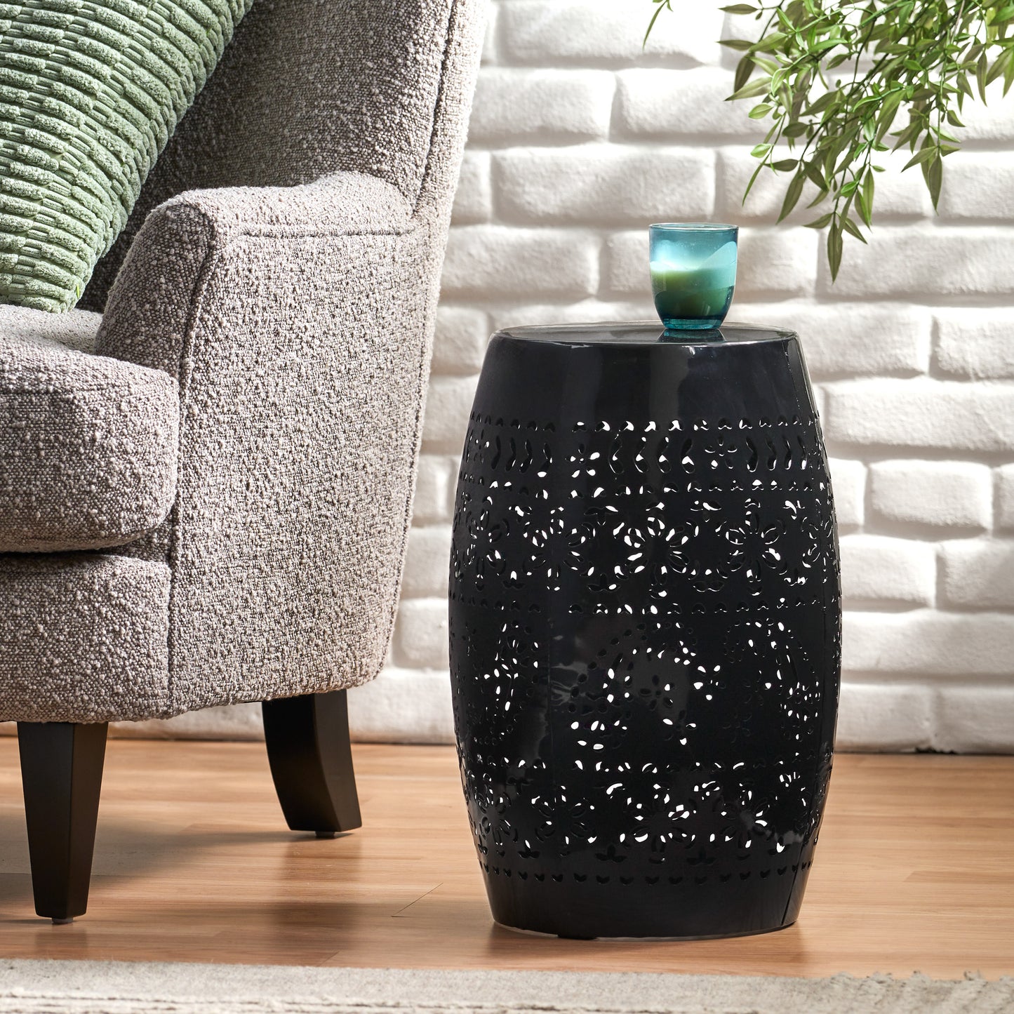 RUBY Side Table, Lace Cut Metal End Table for Outdoor & Indoor Use, Barrel Shape Accent Table with No Assembly Needed for Garden, Patio, Living Room, Backyard Decor,Black Color