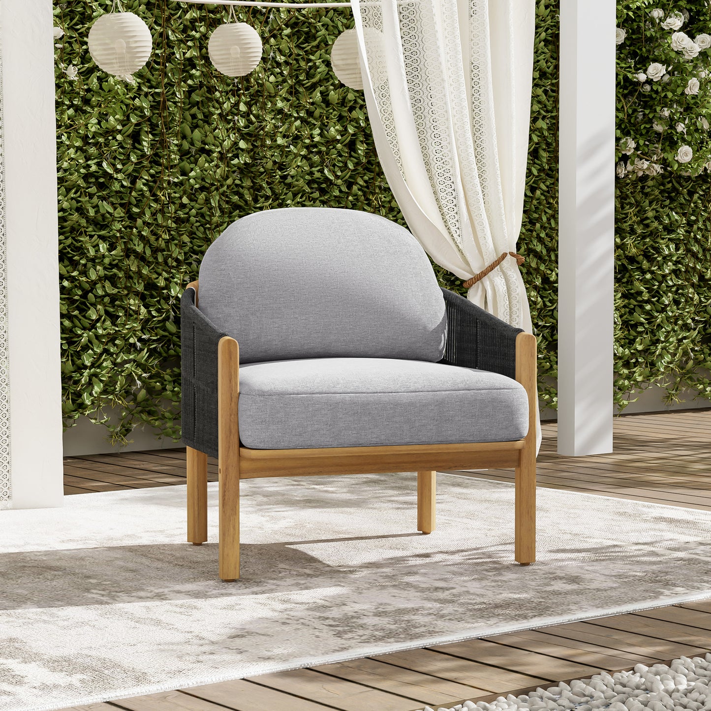 Grotta Outdoor Wood Club Chair, Dark Gray Rope with Gray Cushion
