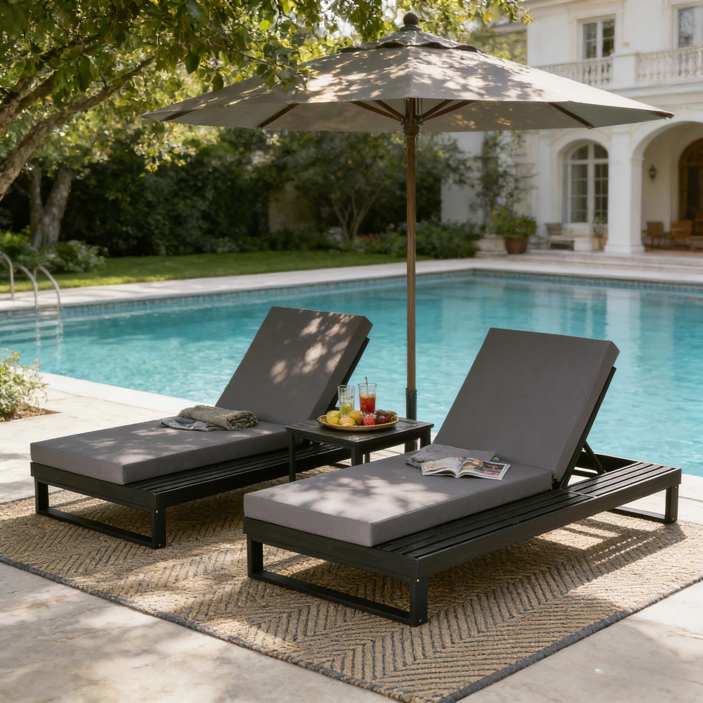 Black Acacia Wood Chaise Lounge with 4-Inch Dark Grey 2-Fold  Cushion Set, 4-Position Adjustable Outdoor Patio Lounger with Flat Side Surface, for Poolside- Matching cream version available