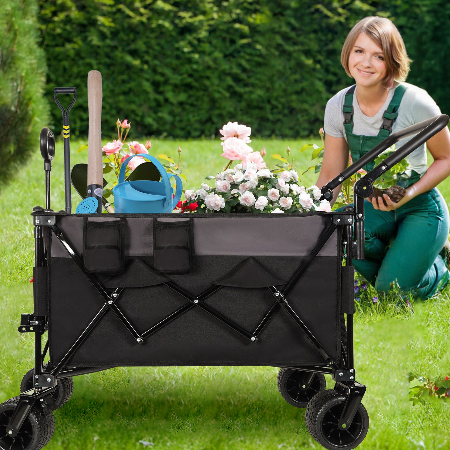 Multi-Functional Push-Pull Folding Wagon Cart with Rotating Handle & 360° All-Terrain Wheels – Heavy-Duty, Adjustable Design, Large Capacity for Transport, Groceries, and Outdoor Use, Black- Gray