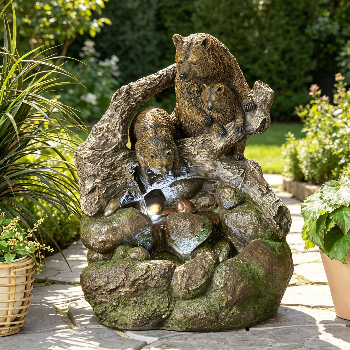 24.75" High CALLAN FOUNTAIN Weather Resistant Floor Fountain with Light, Light Brown + Moss