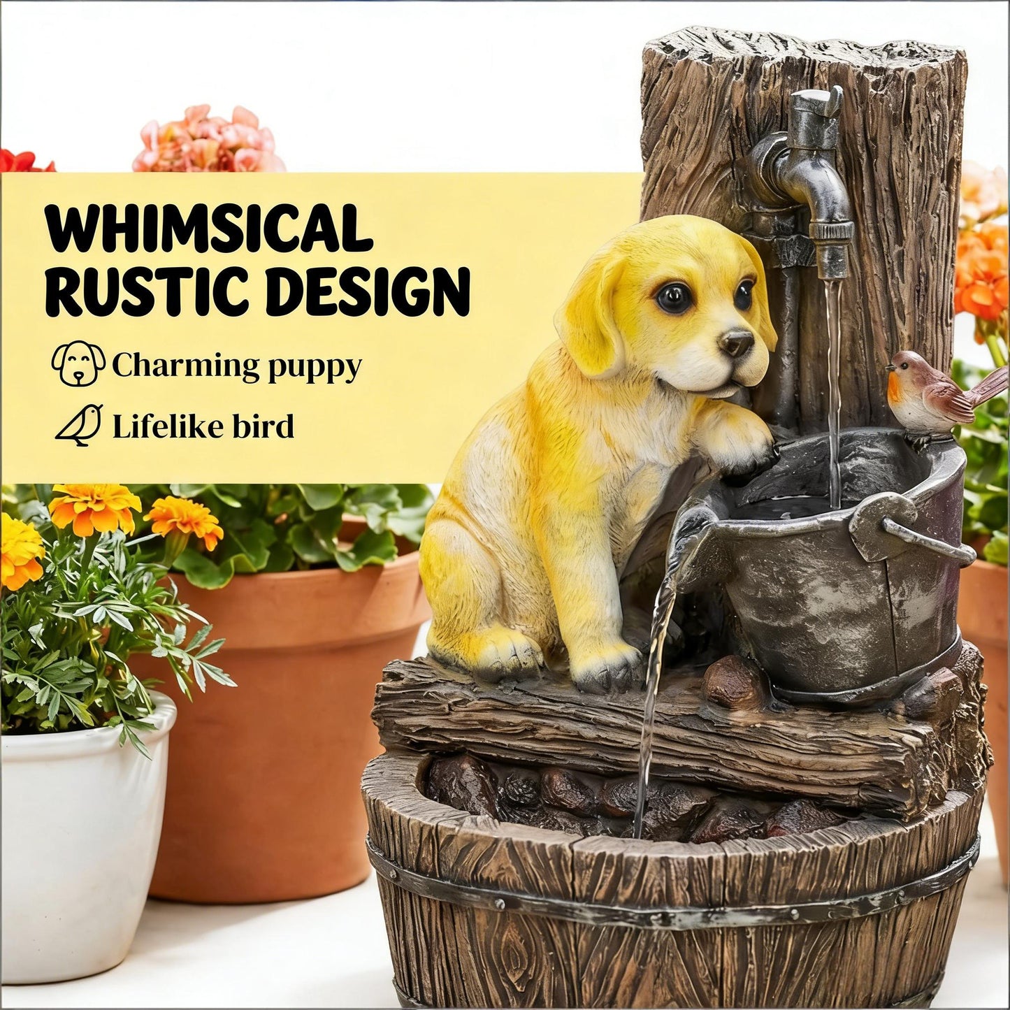 Puppy Theme Fountain,Rustic Style Outdoor Fountain,Garden Fountain