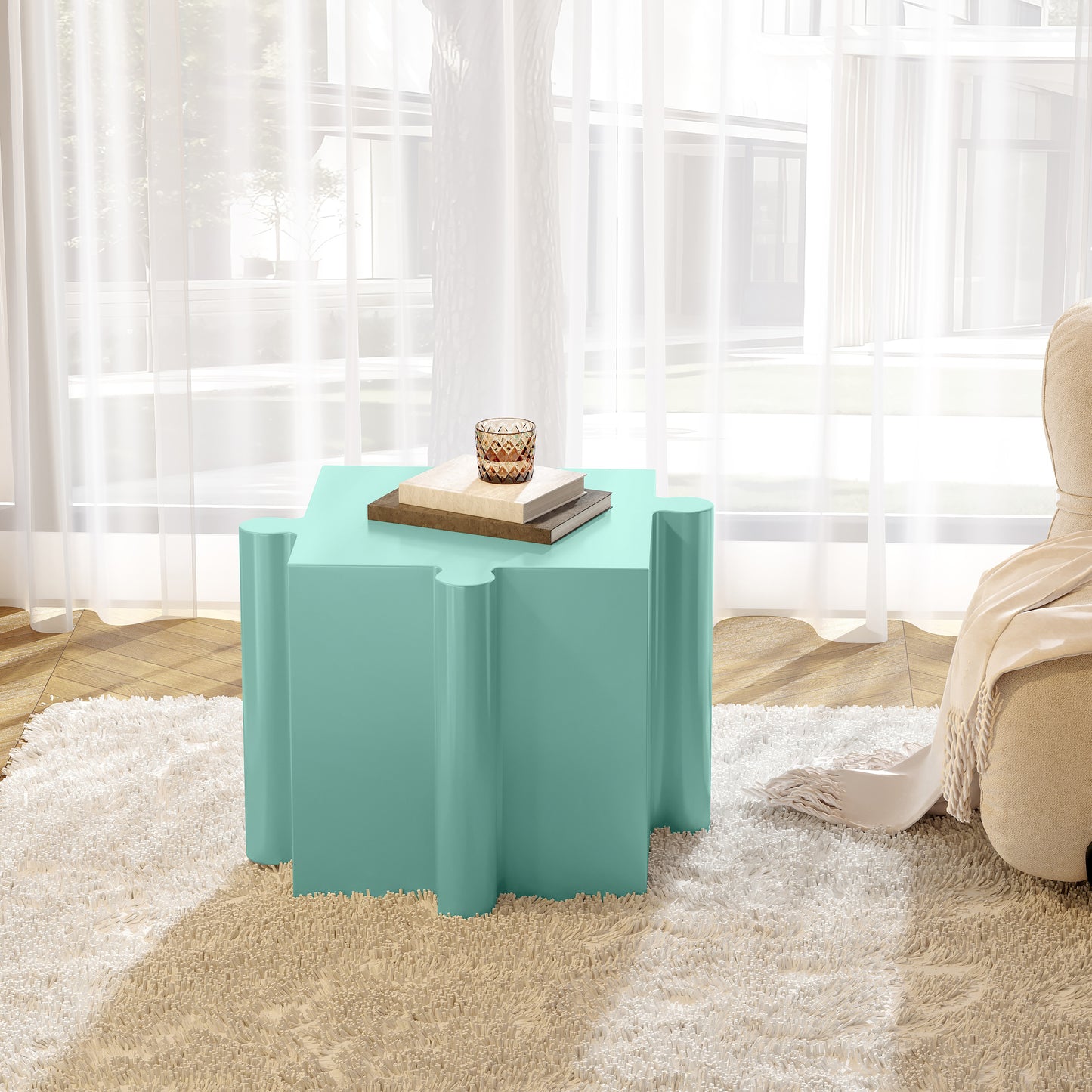 3-Piece Artistic Puzzle Table Set,Modular MGO Side Tables with Interlocking Design (2 Convex & 1 Concave), 200lb Capacity for Indoor & Outdoor, Light Green & Light Blue Color