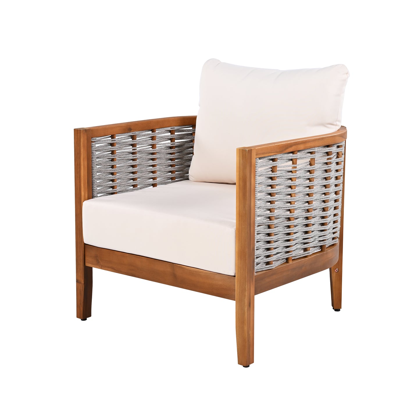 2 Pieces Outdoor Unique Tub Design Armchair with Woven Rope, Patio Furniture Acacia Wood Chair, Deep Seating with Soft Cushions for Porch, Garden, Backyard, Balcony, Teak Finish & Beige Cushion