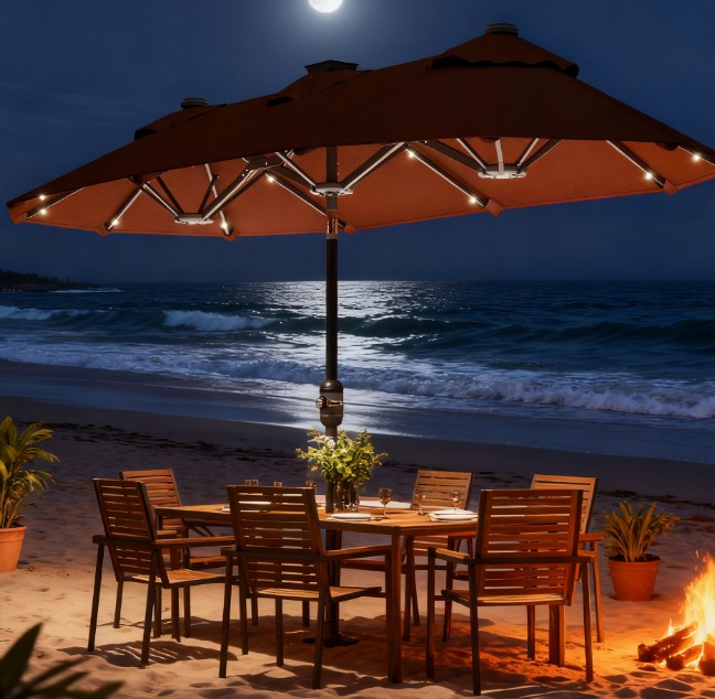 Spacious Outdoor Umbrella,Double-sided Outdoor Patio Umbrella,with Solar Lights and Base,Dining Table Umbrella Push Button Tilt