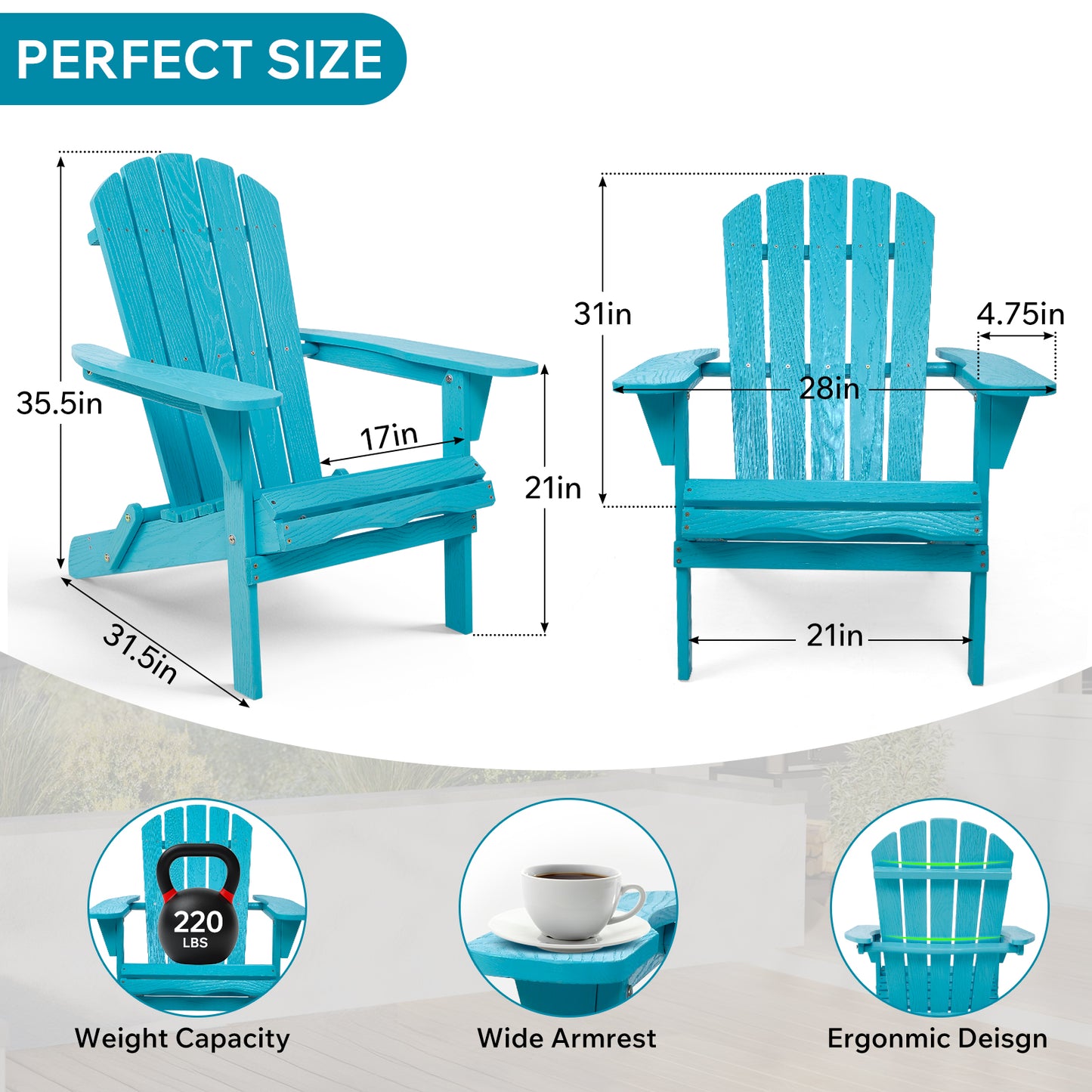 Wood Lounge Patio Chair for Garden Outdoor Wooden Folding Embossed Adirondack Chair Solid Wood Lounge Patio Chair with Wood Grain