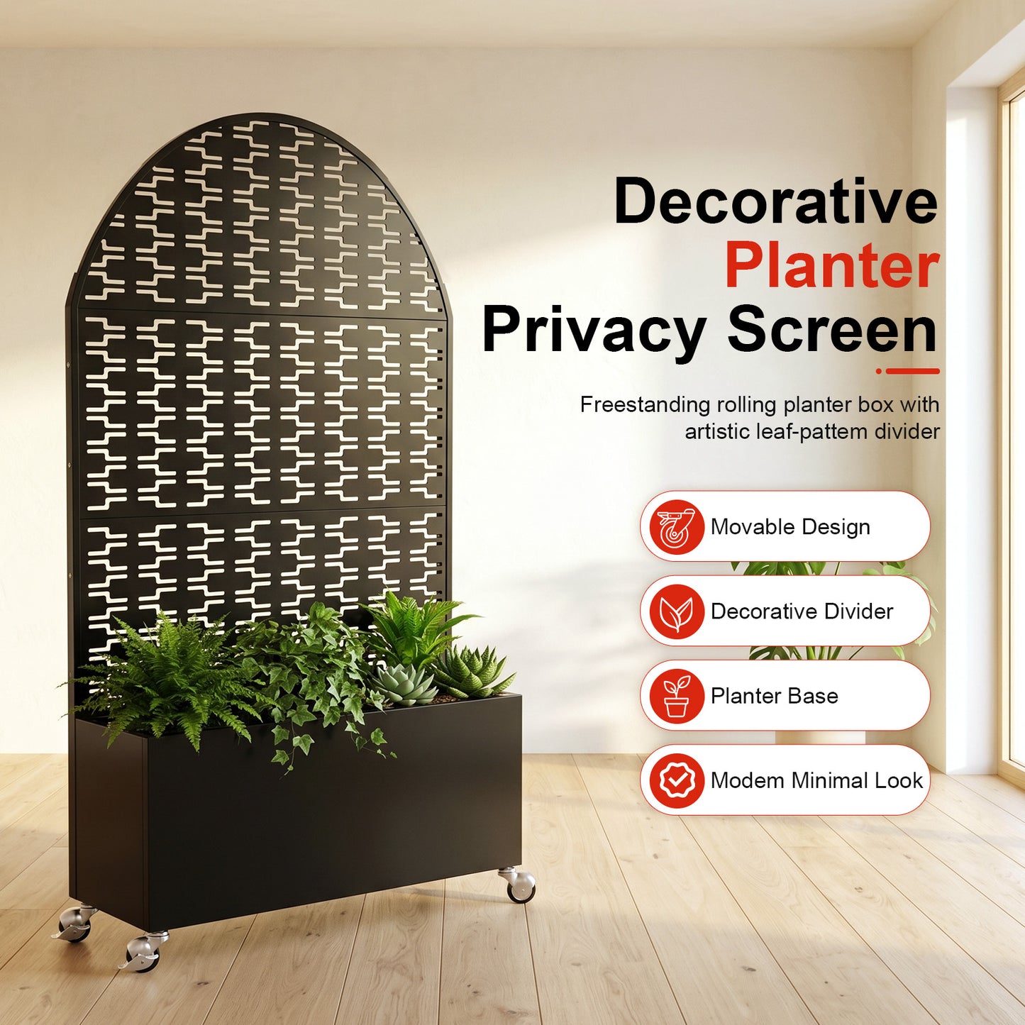Arched Decorative Privacy Screen with Planter Box, 70.87" Tall Metal Freestanding Fence Planter, 46.8"×15.75"×16.92" Planter Box for Patio Balcony Backyard