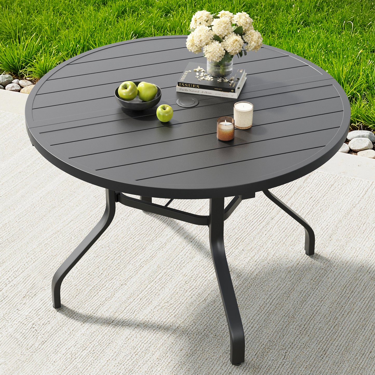 Round Outdoor Dining Table, 41" Round Patio Table Wood-Like Grain with 1.57" Umbrella Hole, Metal Outdoor Dining Tables for Backyard and Poolside
