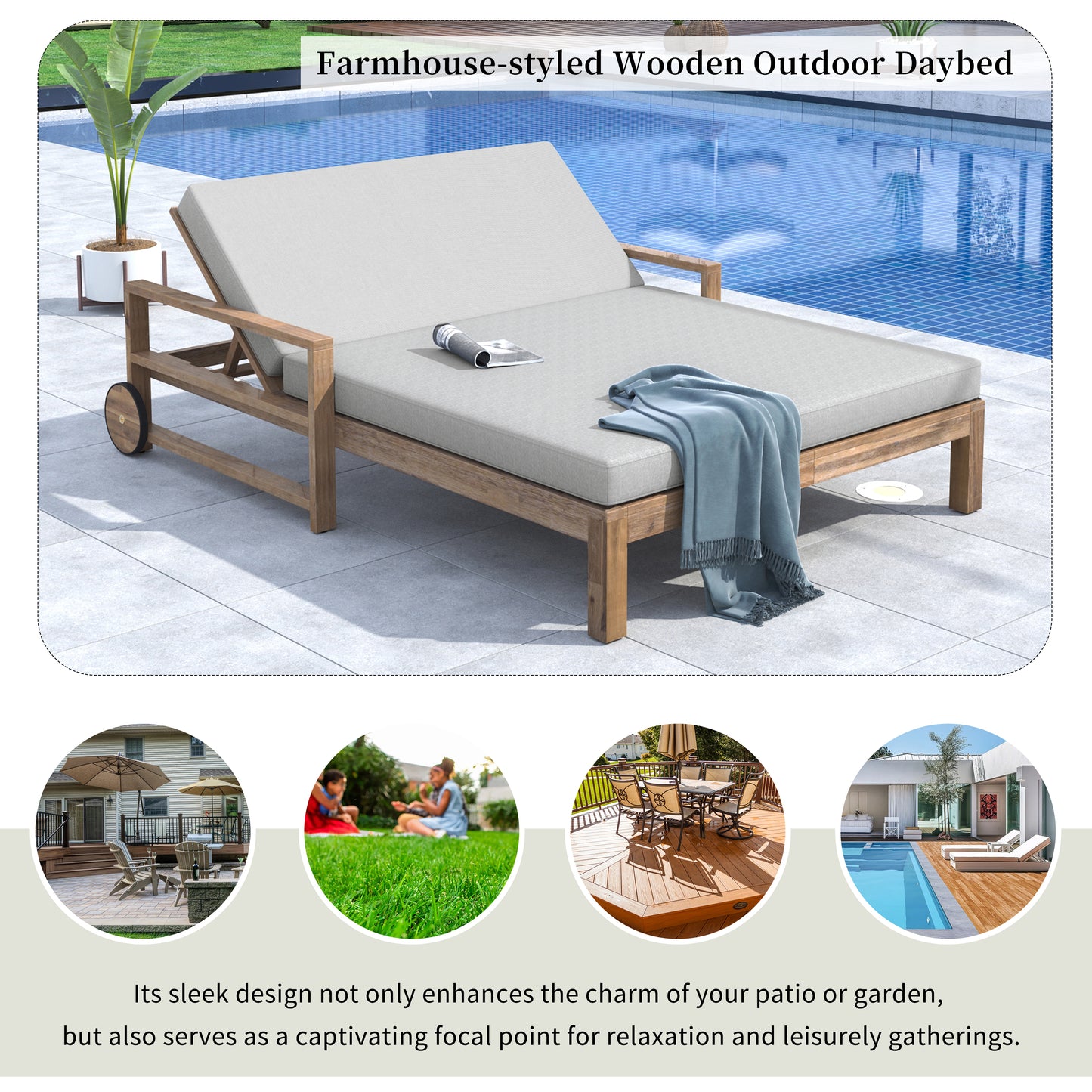 TREXM 1-Piece Farmhouse-styled Wooden Outdoor Sunbed for Ultimate Relaxation Outdoor Daybed Seating 2 People for Poolside, Garden and Backyard (Grey)