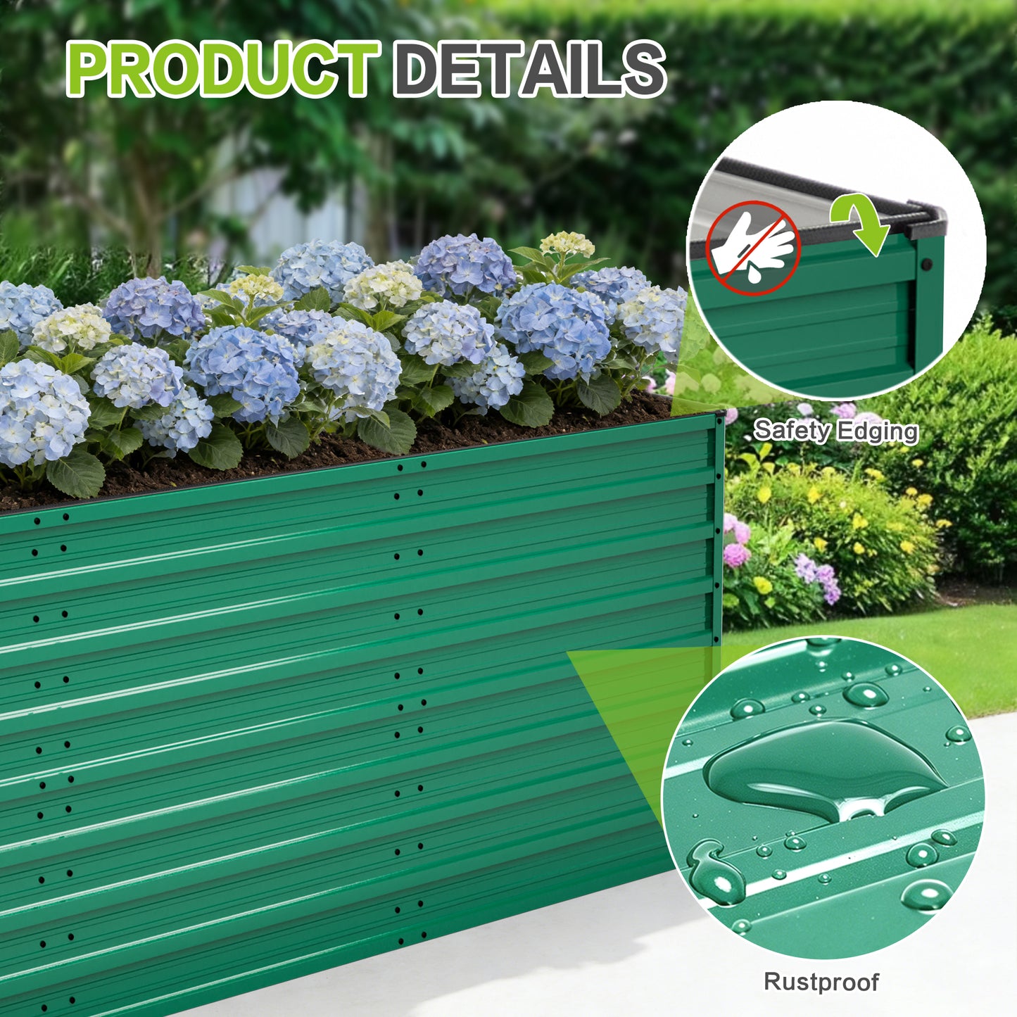 93.7" x 31.5" x 32.3" Raised Garden Bed Kit, 32" Ergonomic Height No Bending Metal Planter Box, Open-Ended Base for Drainage, 8 Reinforcing Rods, Rustproof Steel – Easy Assembly
