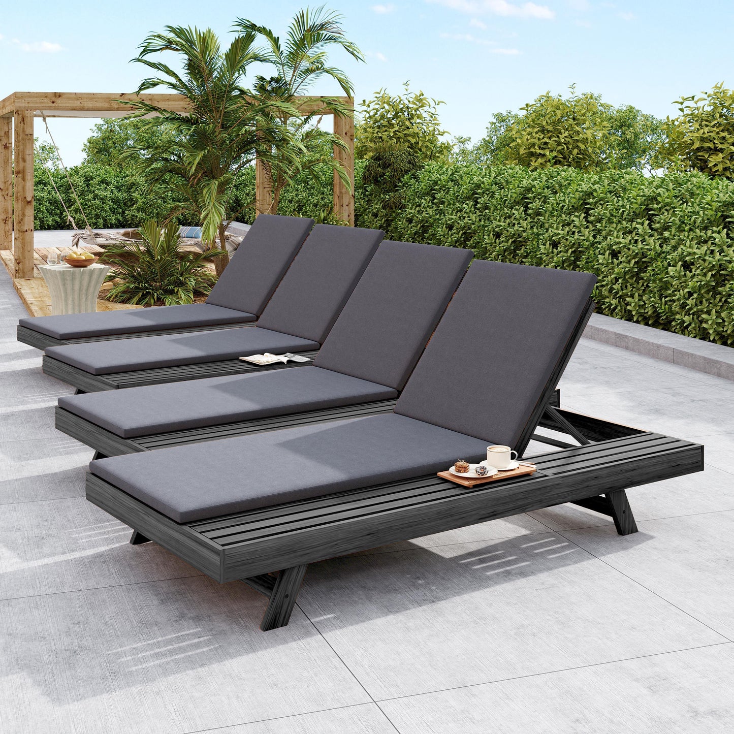 Lounge Chaise Set, Space Available On One Side, Acacia Wood In Black With Water-Resistant Lounge Cushions (Dark Grey & 2 Inch Thick) – Matching Cream/Leaf Coconut Version Available