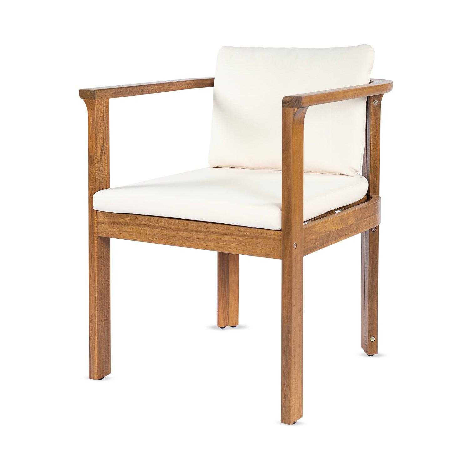 Outdoor Dining Chair Set of 2 with Curved Acacia Wood Arms, Teak Finish and Cream Cushions