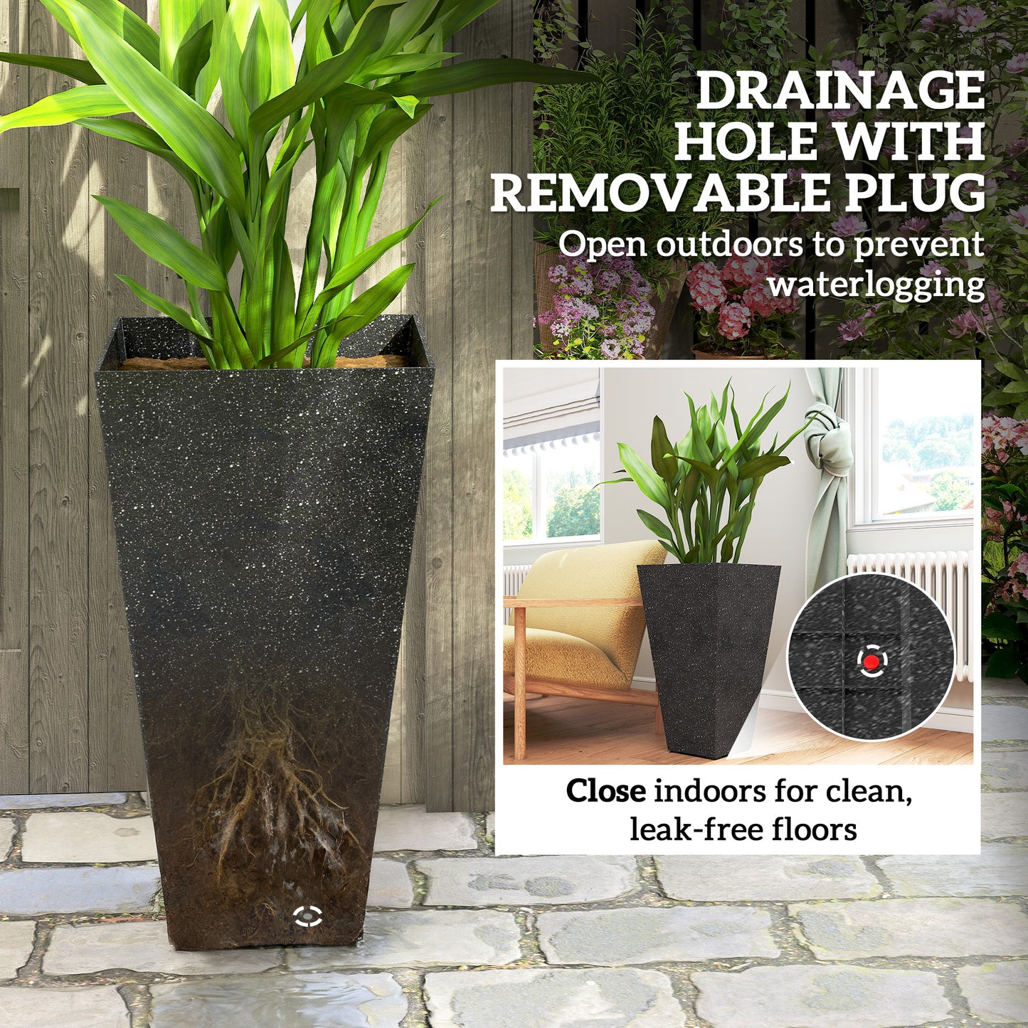 Outsunny 28" Tall Planters, Set of 3 Plastic Flower Pots with Marble Finish and Drainage Holes, Stackable Tapered Outdoor Planters, Black