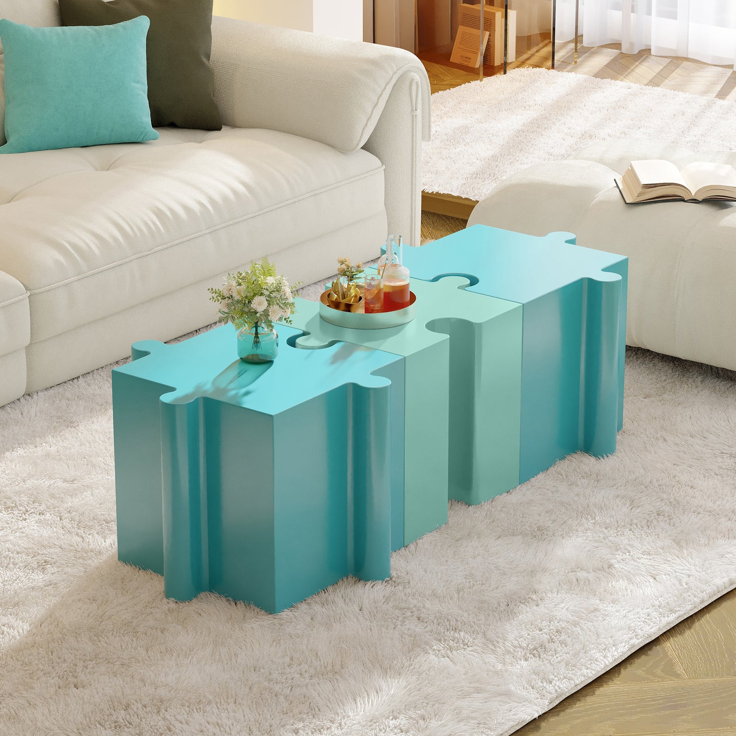 Puzzle Art Side Table, Modular Convex Edge MGO Table - Buy Singles or Combine for Custom Layouts,  Indoor & Outdoor,Light Blue Color