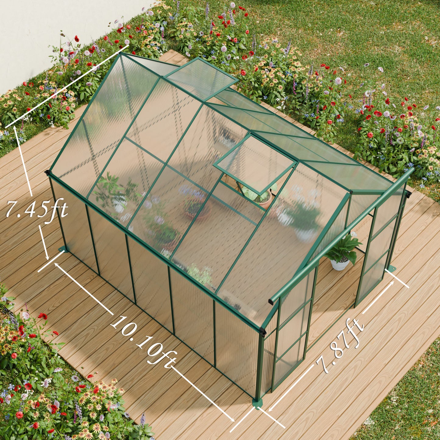 8x10FT Double Door Polycarbonate Greenhouse Raised Base and Anchor Aluminum Heavy Duty Walk-in Greenhouses for Outdoor Backyard in All Season,Green
