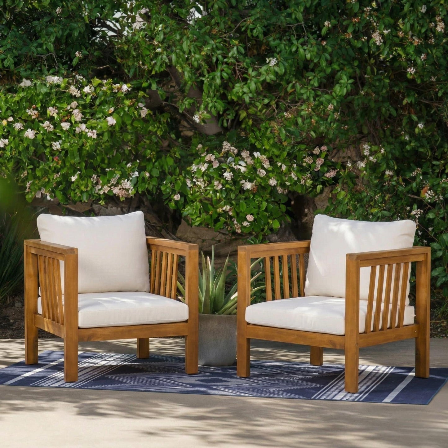 Set of 2 Outdoor Acacia Wood Club Chairs with Modern Square Arms, 2-Piece Patio Conversation Set with Thick Cushions, Adjustable Leveling Feet for Poolside, Backyard & Deck, Beige Cushions