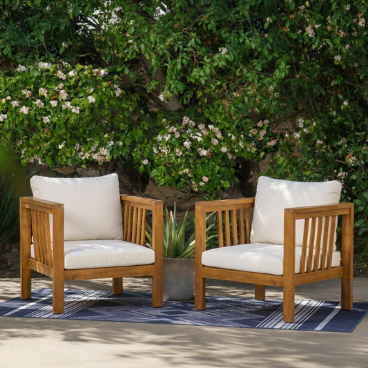 Set of 2 Outdoor Acacia Wood Club Chairs with Modern Square Arms, 2-Piece Patio Conversation Set with Thick Cushions, Adjustable Leveling Feet for Poolside, Backyard & Deck, Beige Cushions