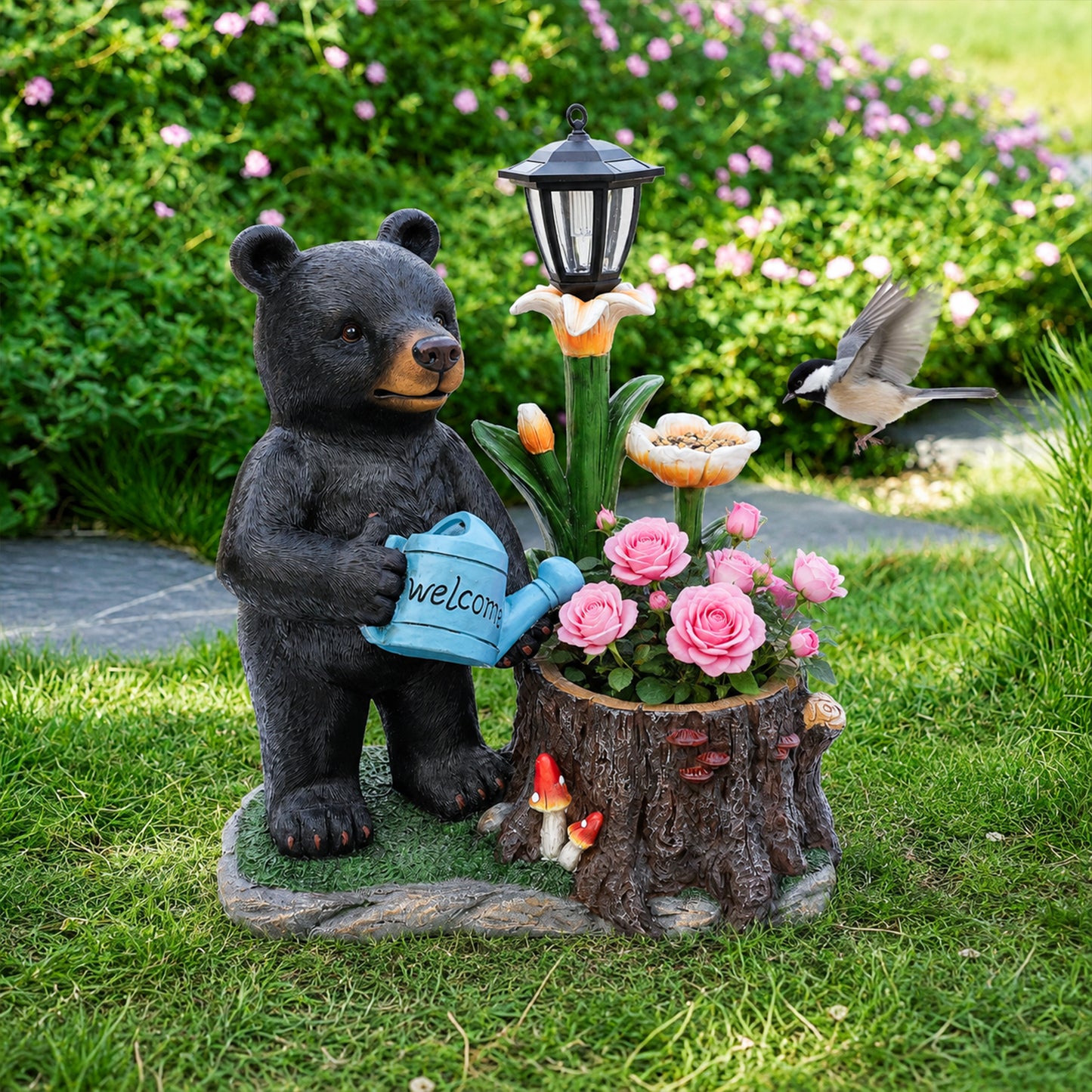 Standing Black Bear Garden Planter with Decorative Solar Lantern - Whimsical Polyresin Wildlife Flower Pot for Porch & Patio Decor
