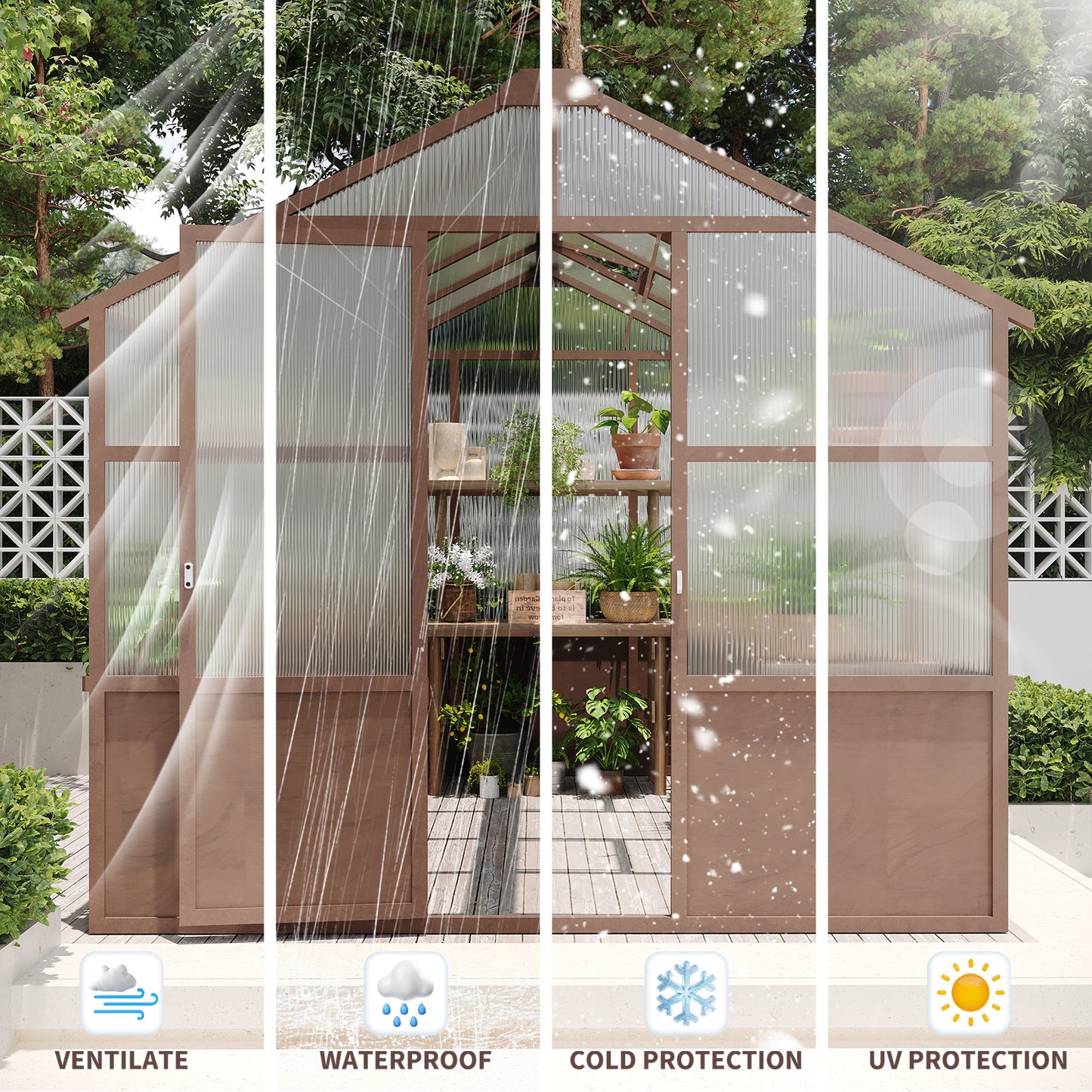 8x10 FT Greenhouse Kit, Wood Greenhouses with 6MM Polycarbonate Panel, Green House with Adjustable Vent & Lockable Door, Walk-in Greenhouse for Outside, Garden, Backyard