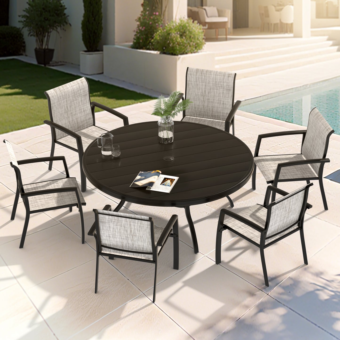 VRSHWO"Outdoor Round Patio Dining Table for 4-6, All Weather Metal Dining Table with Umbrella Hole for Deck Lawn Garden Backyard