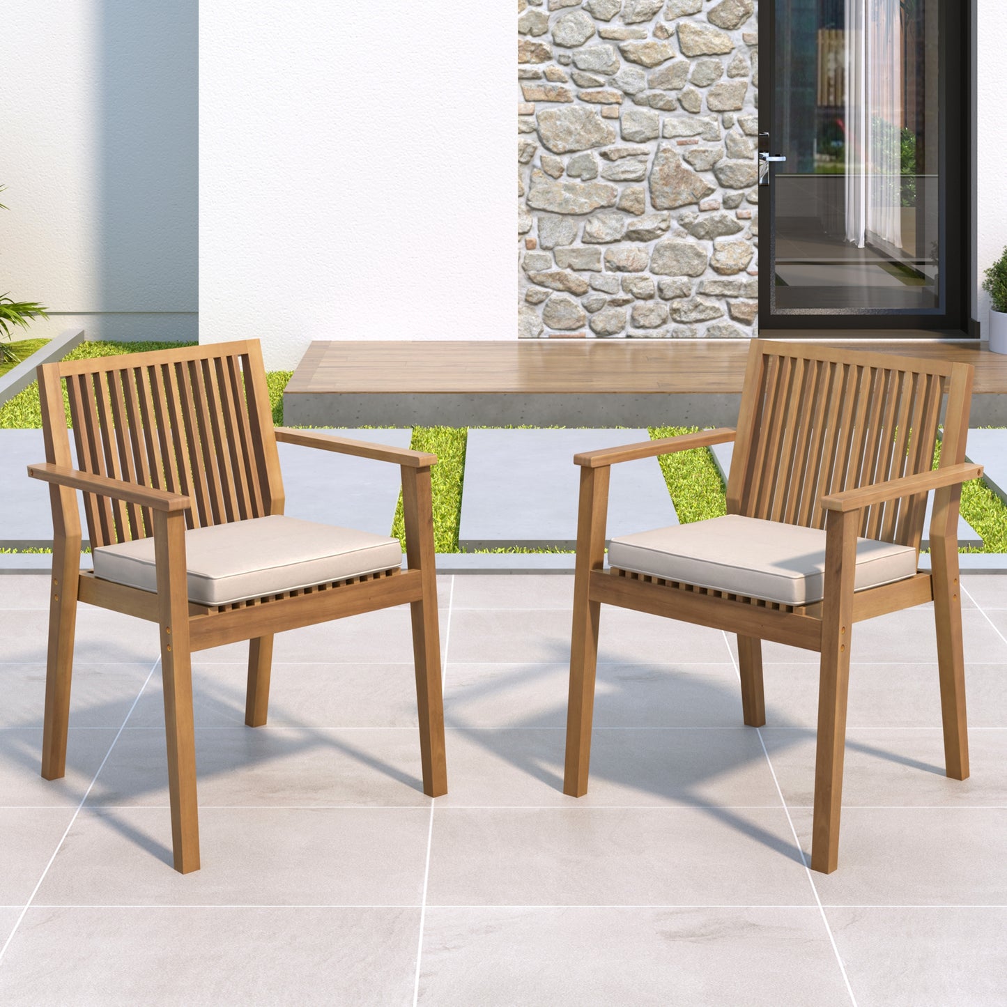 Patio Dining Chair Set of 2 - Sturdy Acacia Wood, Comfortable Waterproof Seating, 400 lbs Capacity, Brown Color Frame