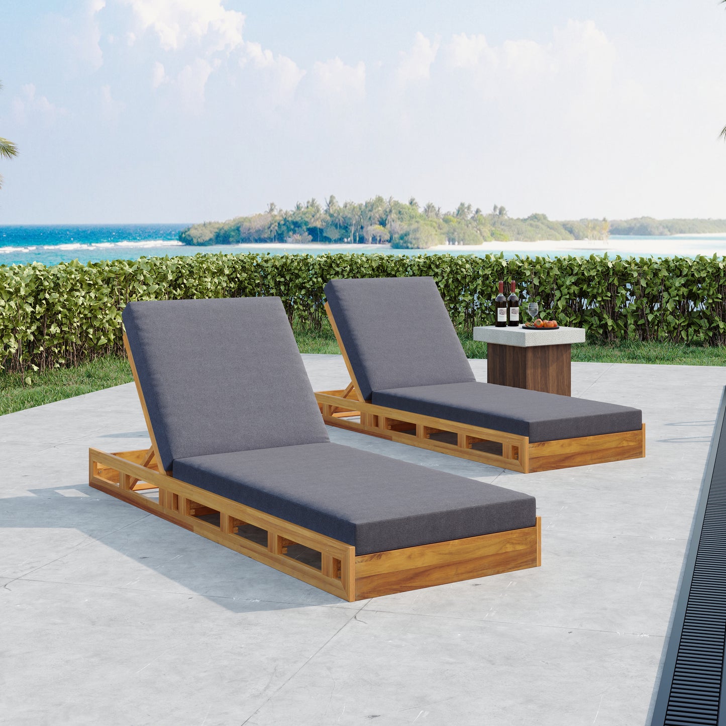 LOUNGE CHAISE SET, ACACIA WOOD WITH WATER-RESISTANT LOUNGE CUSHIONS (Dark Grey/ & 4 INCH THICK) - MATCHING CREAM VERSION AVAILABLE