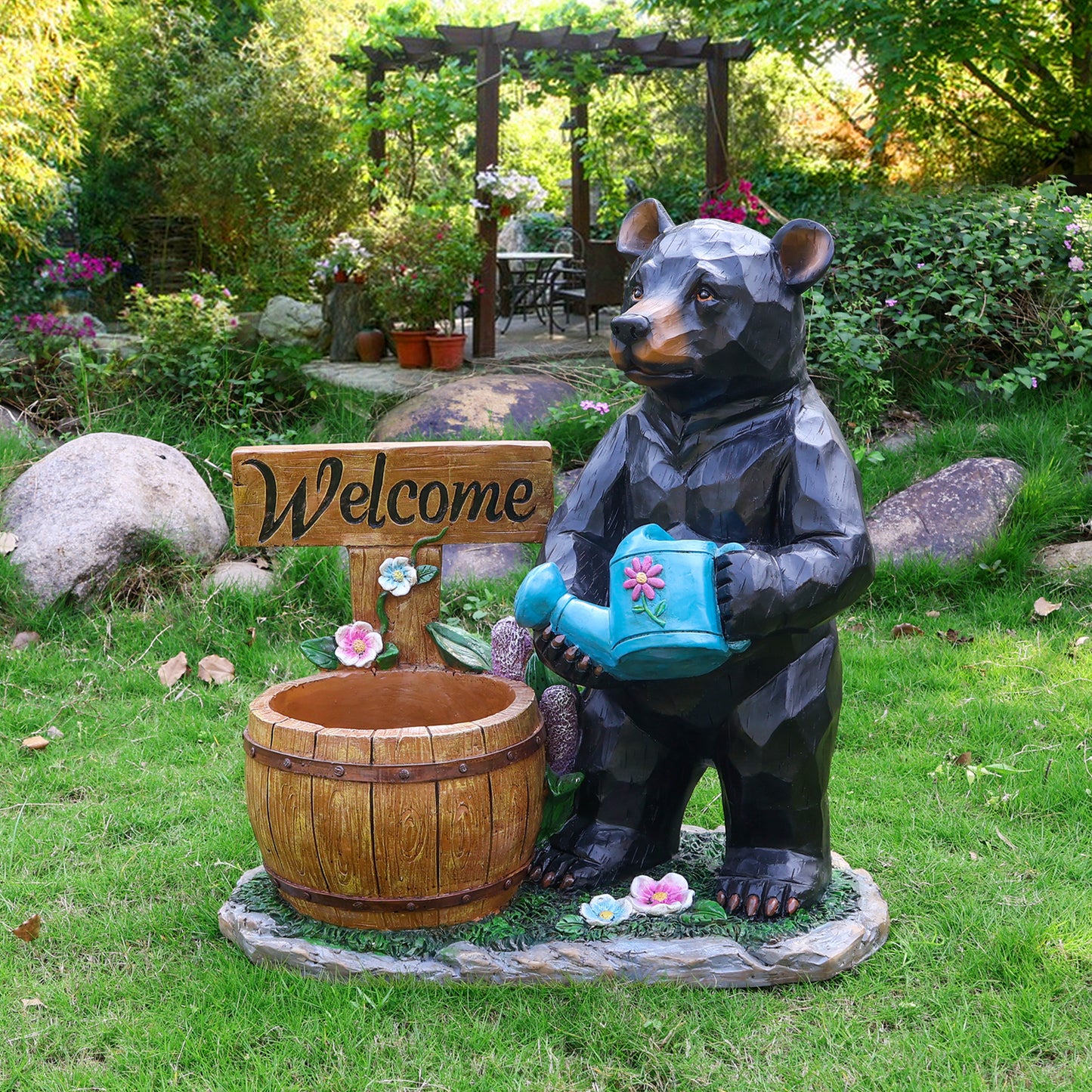 Outdoor Garden Sculpture Bear Flower Pot Planter - Unique Yard Statue Decoration, Interesting Law Outdoor Ornament