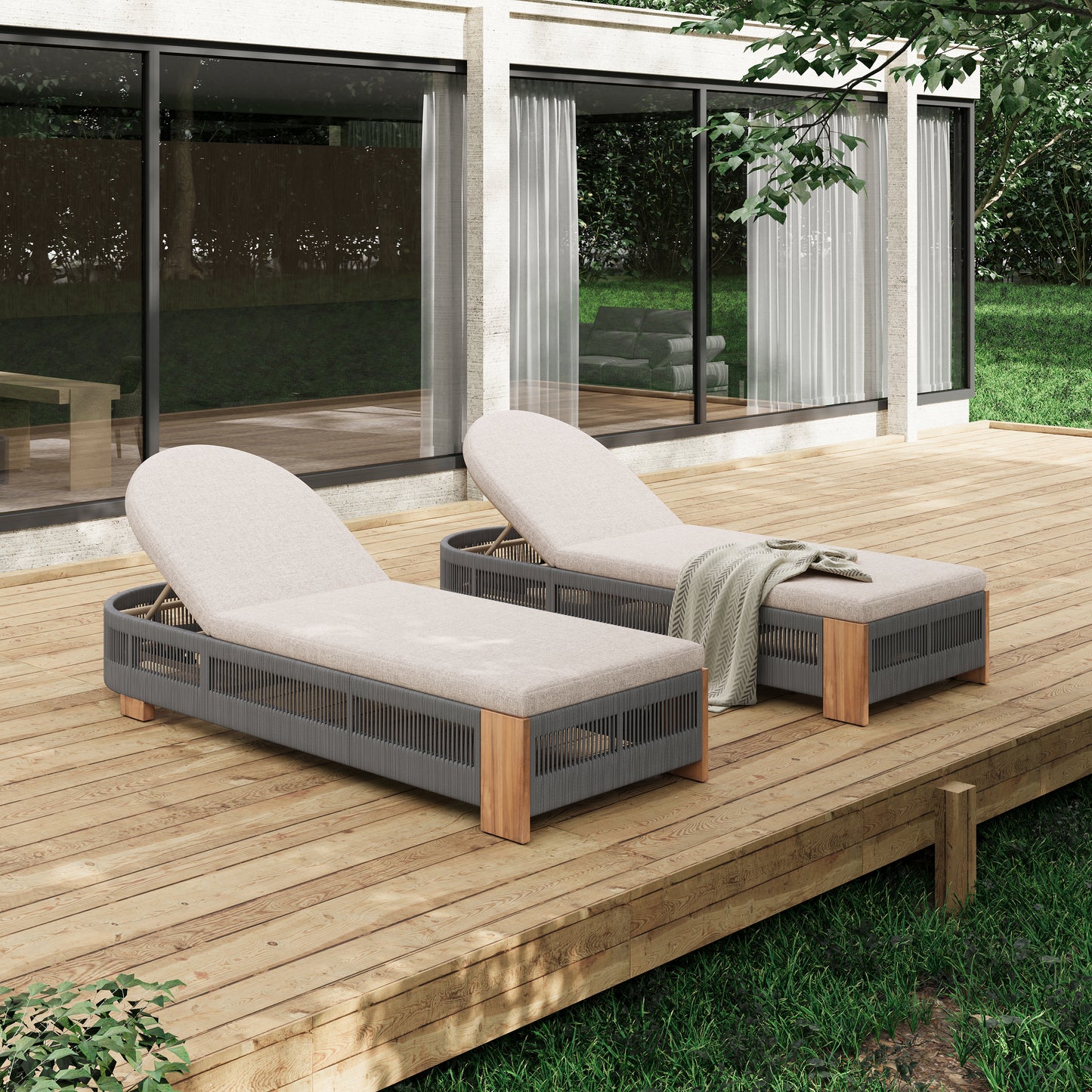 Outdoor Chaise Lounge Chair, Acacia wood Pool Chair with Adjustable Backrest and Cushion, Outdoor Lounge Chair for Beach, Yard, or Poolside (Grey rope)