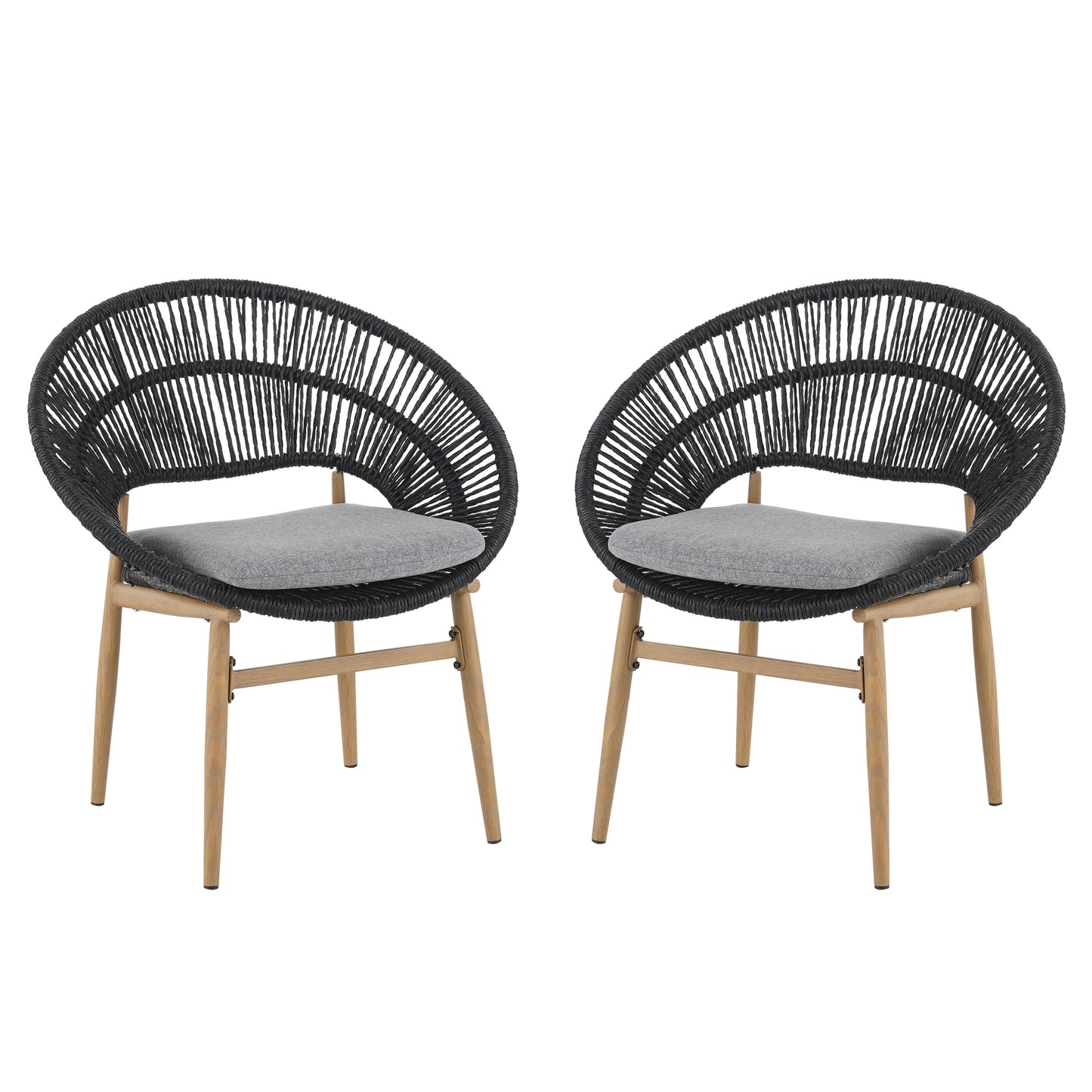 Cyril Outdoor Wicker Papasan Style Dining Chair, Teak Finished Leg and Dark Gray Faux Rattan, Gray Cushion, Set of 2