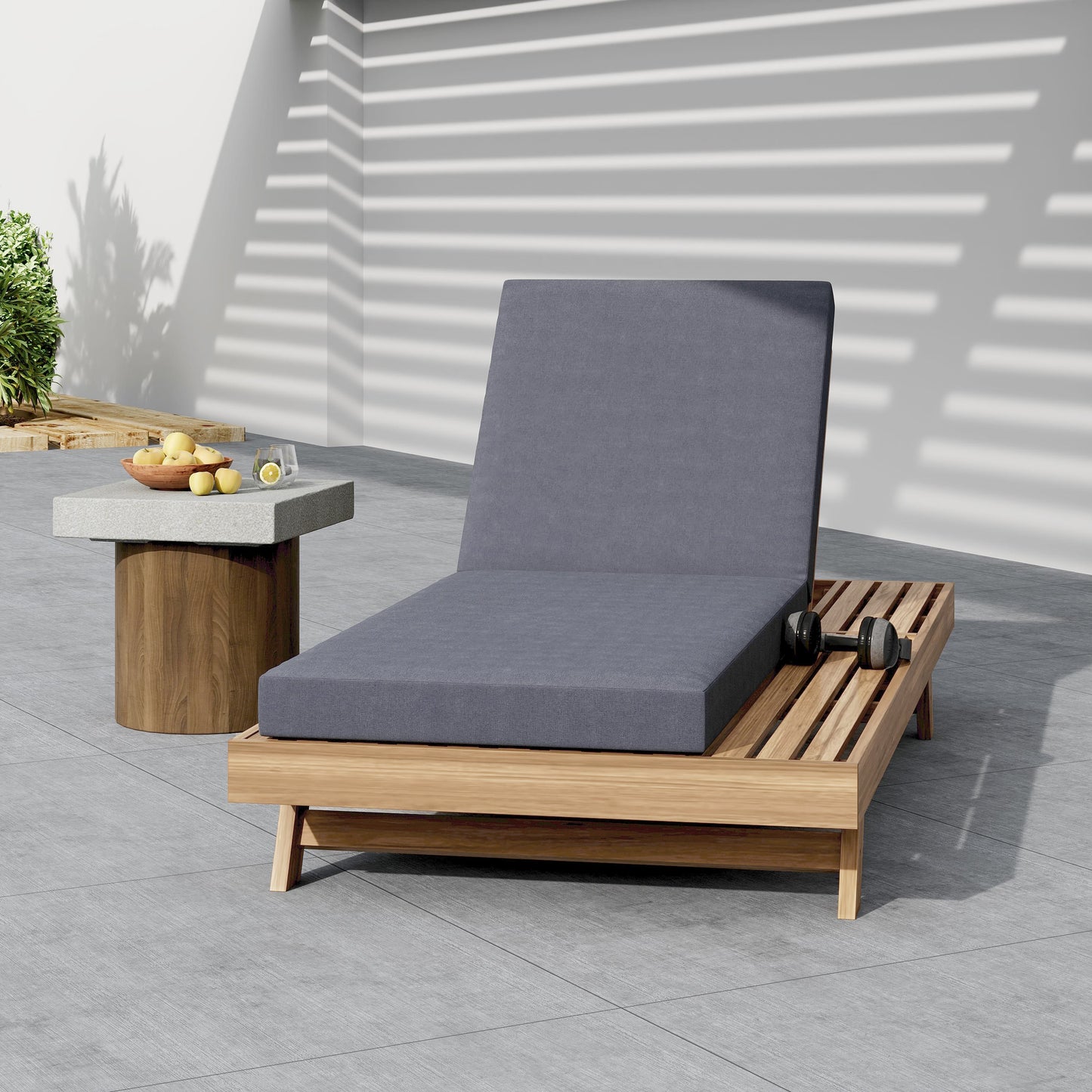 Lounge Chaise Set, Space Available On One Side, Acacia Wood In light brown With Water-Resistant Lounge Cushions (Dark Grey & 4 Inch Thick) – Matching Cream Version Available