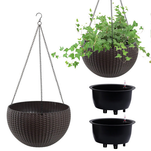 Brown Resin Hanging Basket, Hanging Planters for Indoor Outdoor Plants, Self Watering Hanging Pot w/Self Watering,2-Pack
