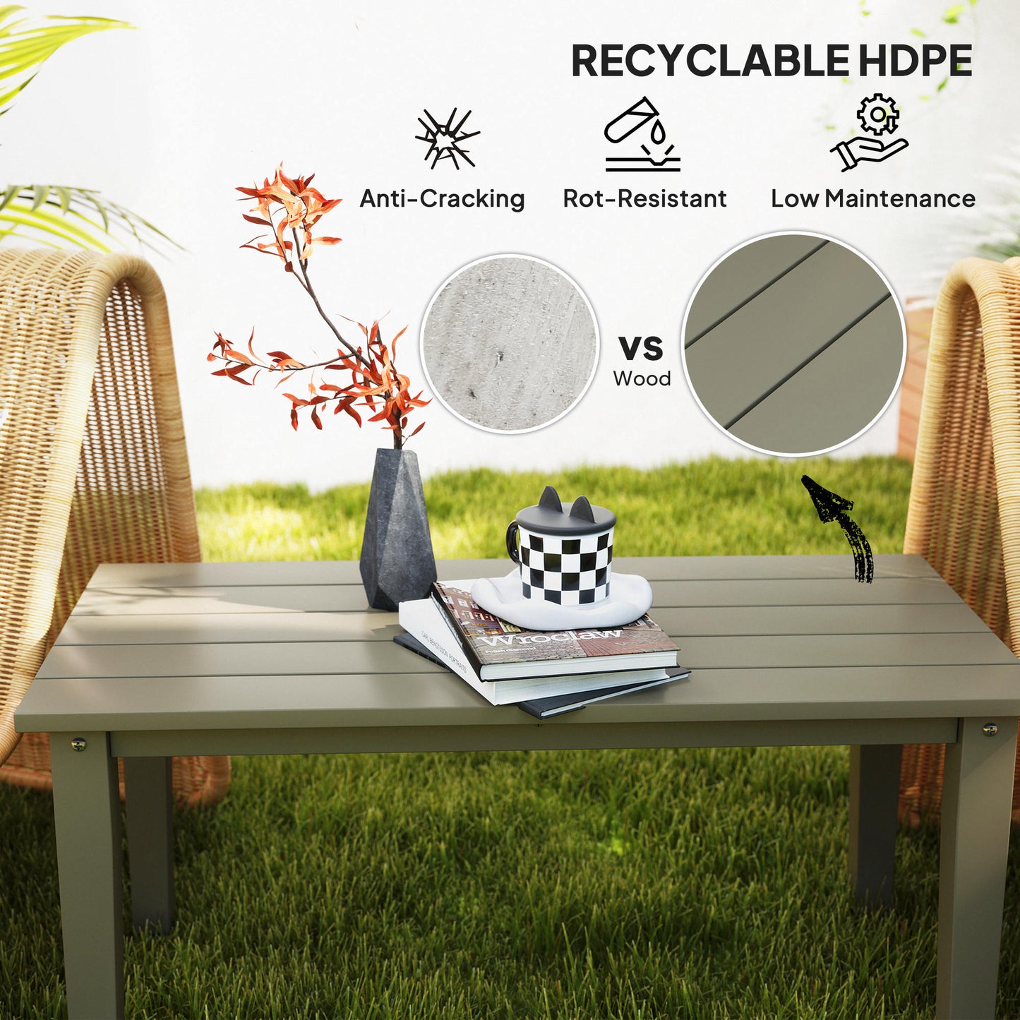 Outsunny HDPE Outdoor Coffee Table, Rectangle All-Weather Patio Coffee Table, Slatted Outdoor Patio Table for Garden, Balcony, Backyard, Brown
