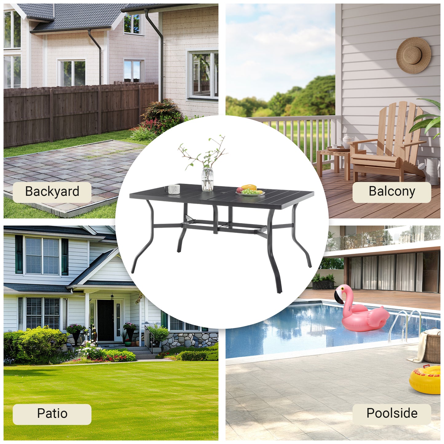 Outdoor Dining Table for 6, Powder-Coated Steel Slat Top with 2.16" Umbrella Hole, Anti-Slip Pads, E-Coating Frame, All-Weather Black Patio Table for Garden, Poolside, Backyard