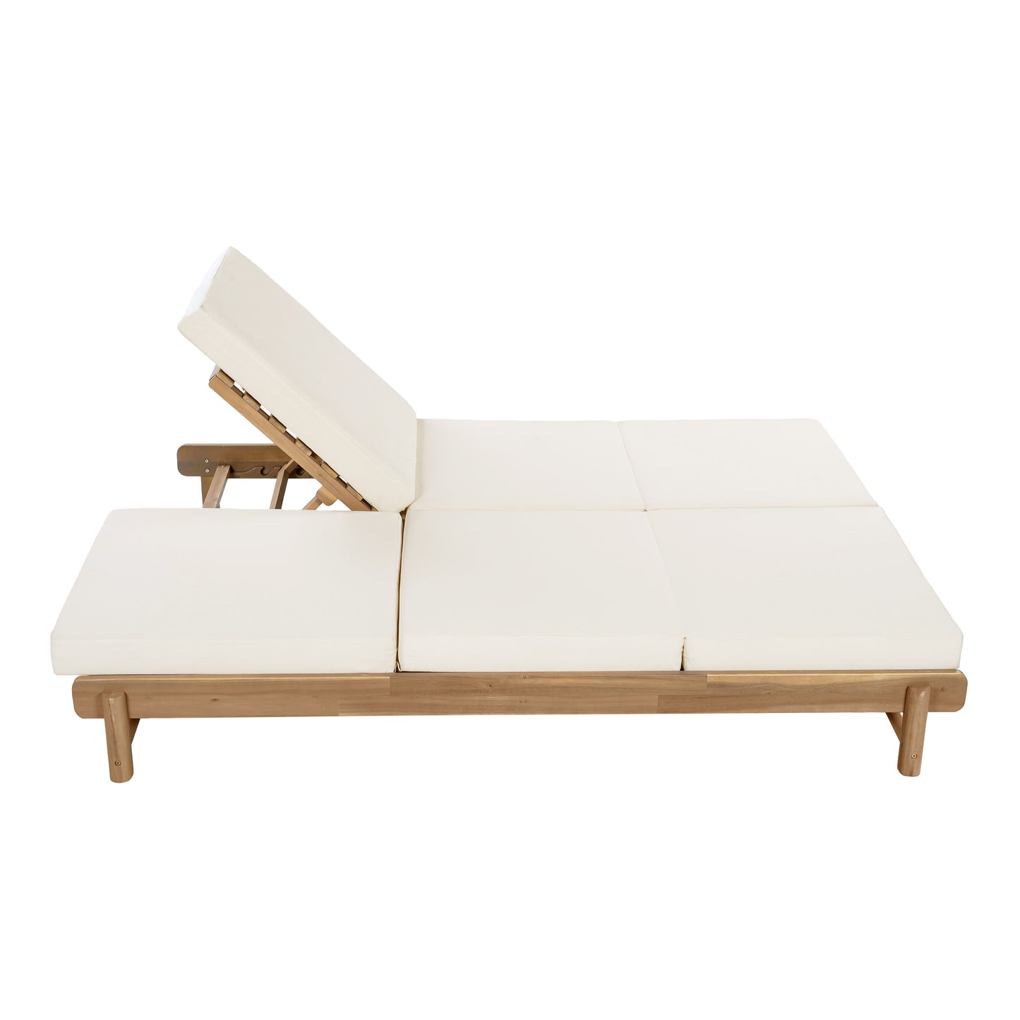Light Teak Acacia Wood Double Chaise Lounger Set: 1 Frame + 2 Cream Cushions, 800 lbs Capacity, 3-Position Adjustable Backrest, 4" Thick 3-Fold Water-Resistant Cushions for Patio Poolside Backyard