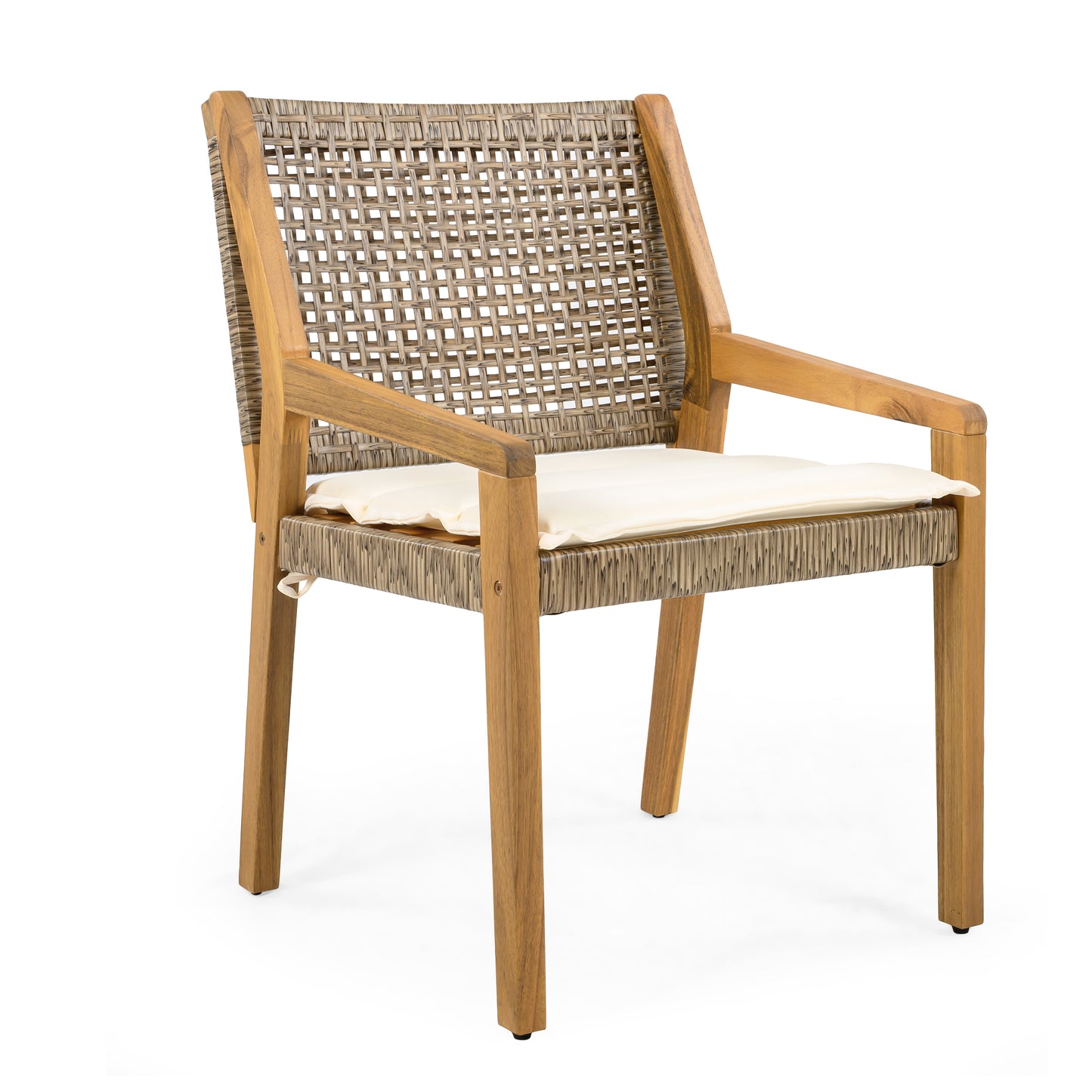 OUTDOOR DINING CHAIR SET-Acacia Wood and Wicker with Cream Cushion Patio Furniture-Teak finish & wicke Brown ,Suitable for large gatherings-set of 6(N770P272397G(3-box))