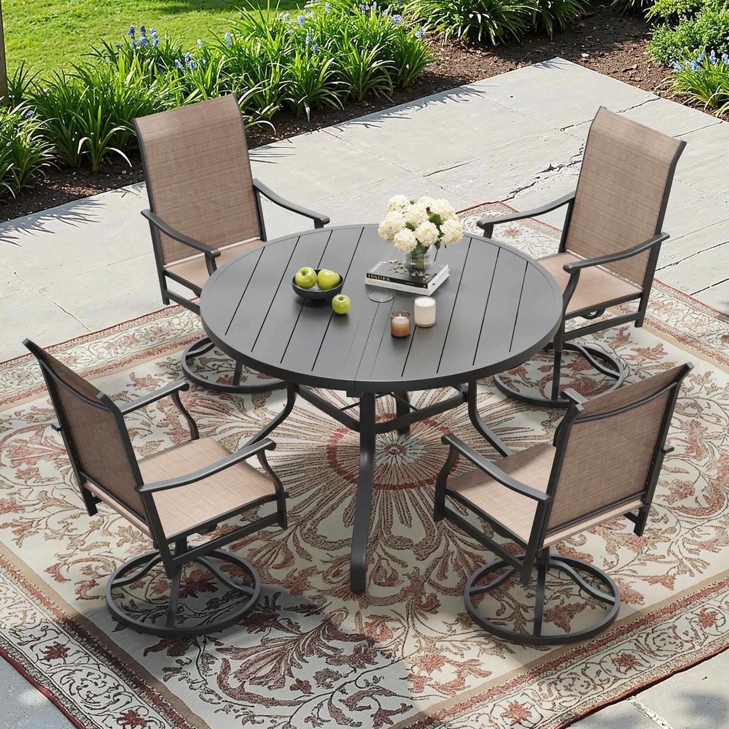 Round Outdoor Dining Table, 41" Round Patio Table Wood-Like Grain with 1.57" Umbrella Hole, Metal Outdoor Dining Tables for Backyard and Poolside
