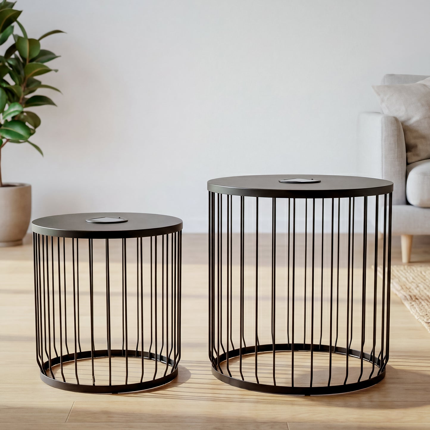 2-Pack Solar Powered Nesting Side Table Set, Modern Round End Tables with Solar LED Lights, Metal Wire Cage Accent Tables, Indoor/Outdoor Patio Nightstand for Living Room, Balcony, Garden, Matte Black