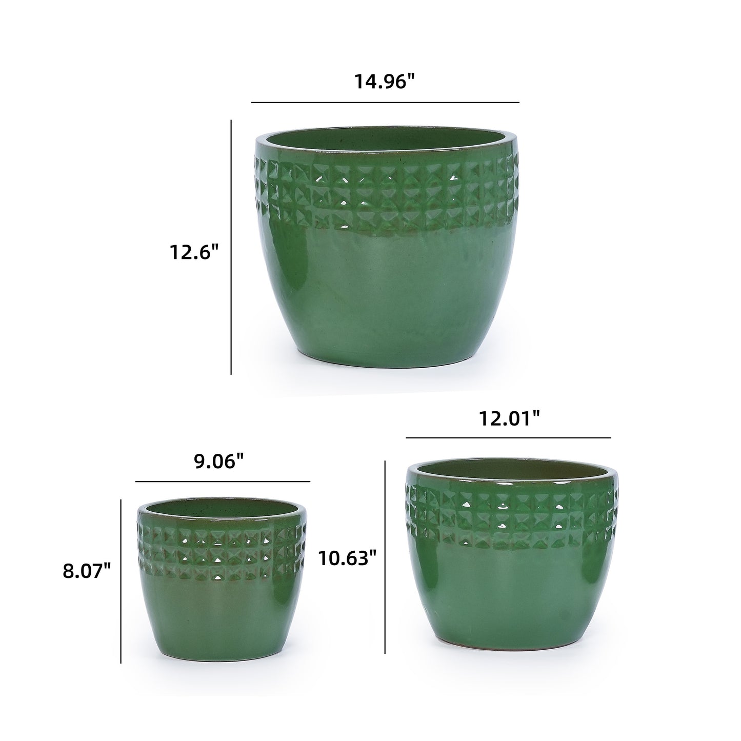Handmade Ceramic Planter Set of 3, 15/12/9 Inch Diameter, Green Diamond Pattern, for Orchids & Succulents Indoor/Outdoor Use on Windowsill & Bookshelf, Breathable Clay